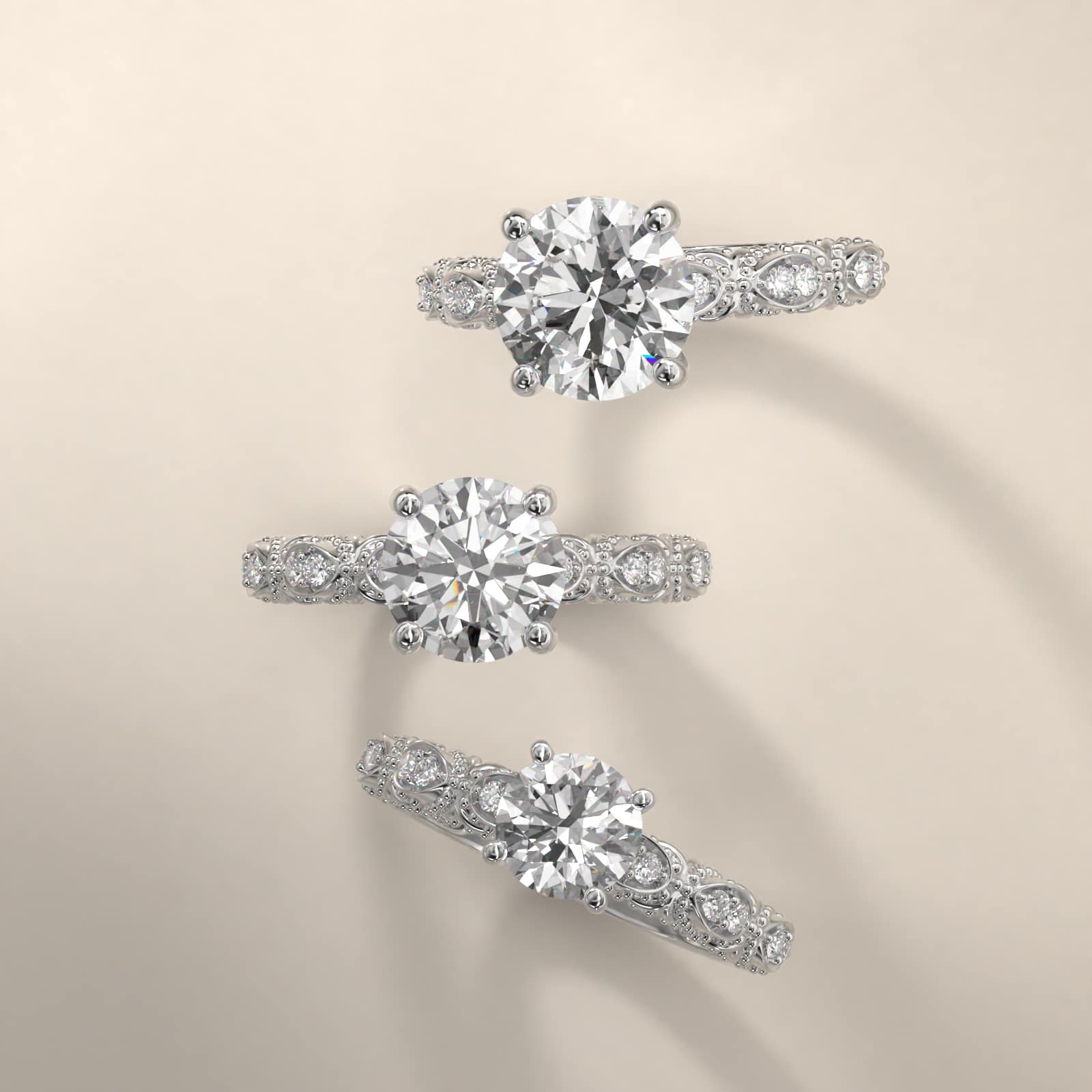 Beaded Open Span Vintage-Style Engagement Ring In 18K White Gold