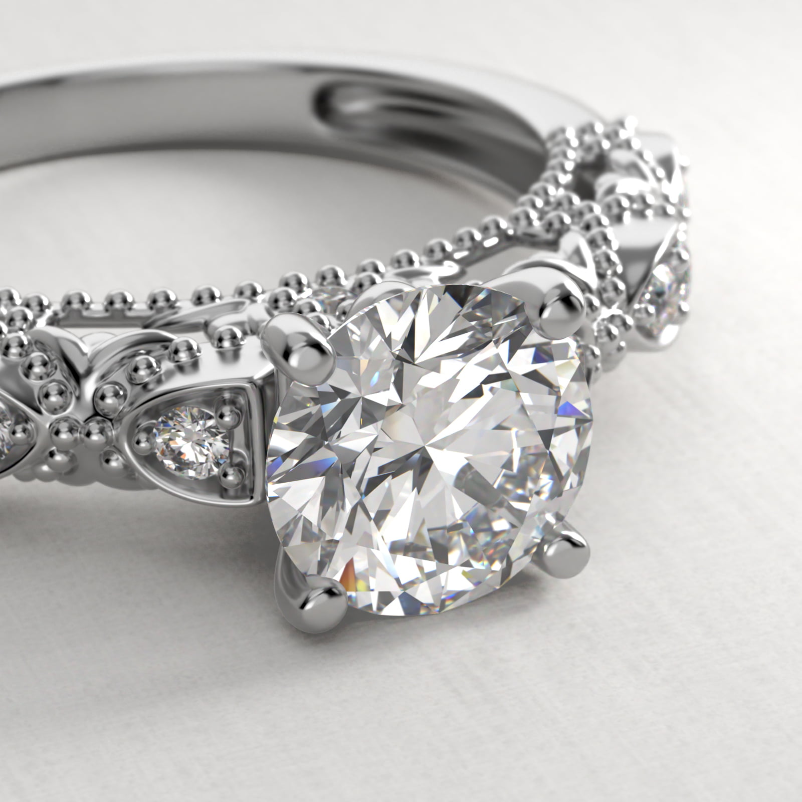 Beaded Open Span Vintage-Style Engagement Ring In 18K White Gold