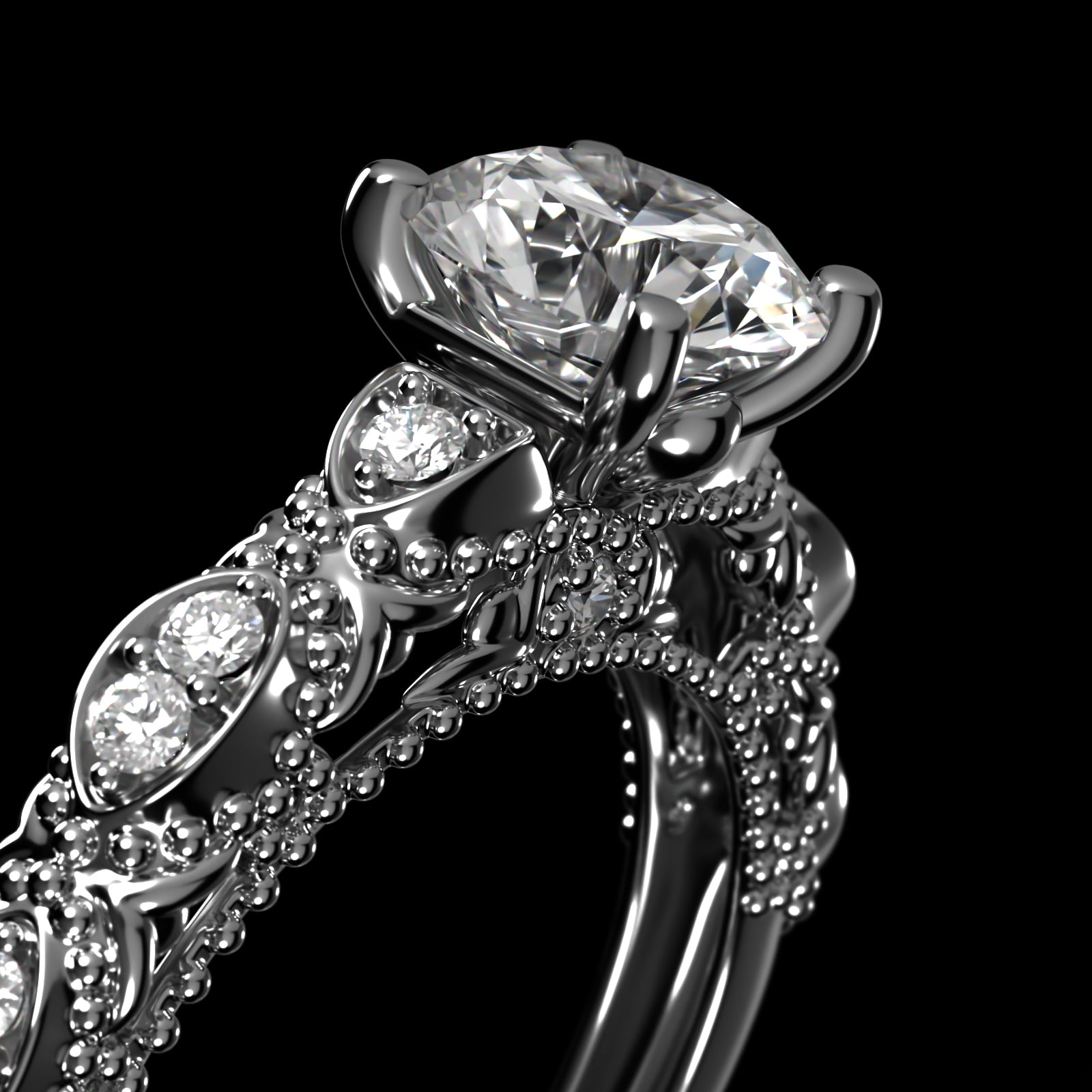 Beaded Open Span Vintage-Style Engagement Ring In 14K White Gold