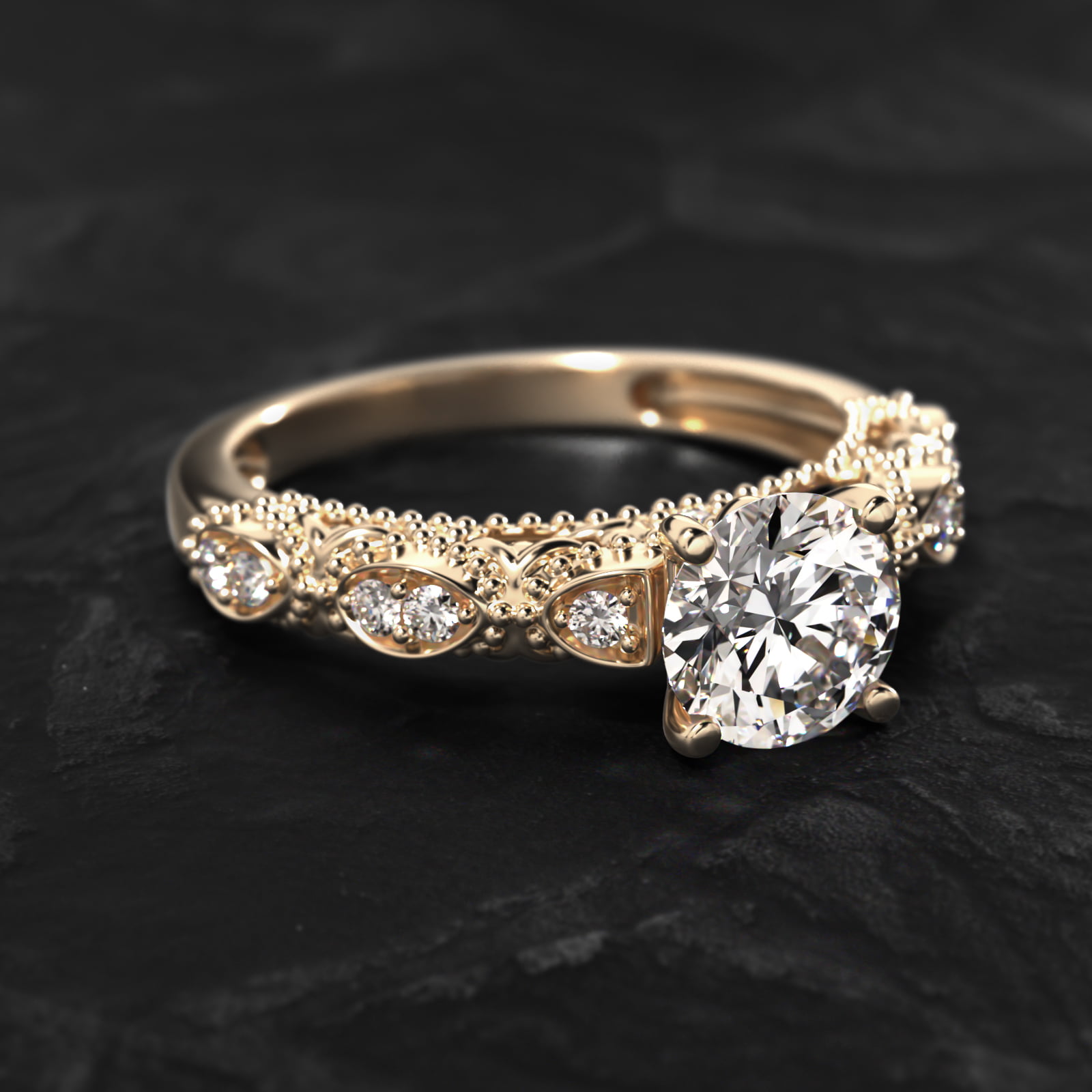 Beaded Open Span Vintage-Style Engagement Ring In 14K Yellow Gold