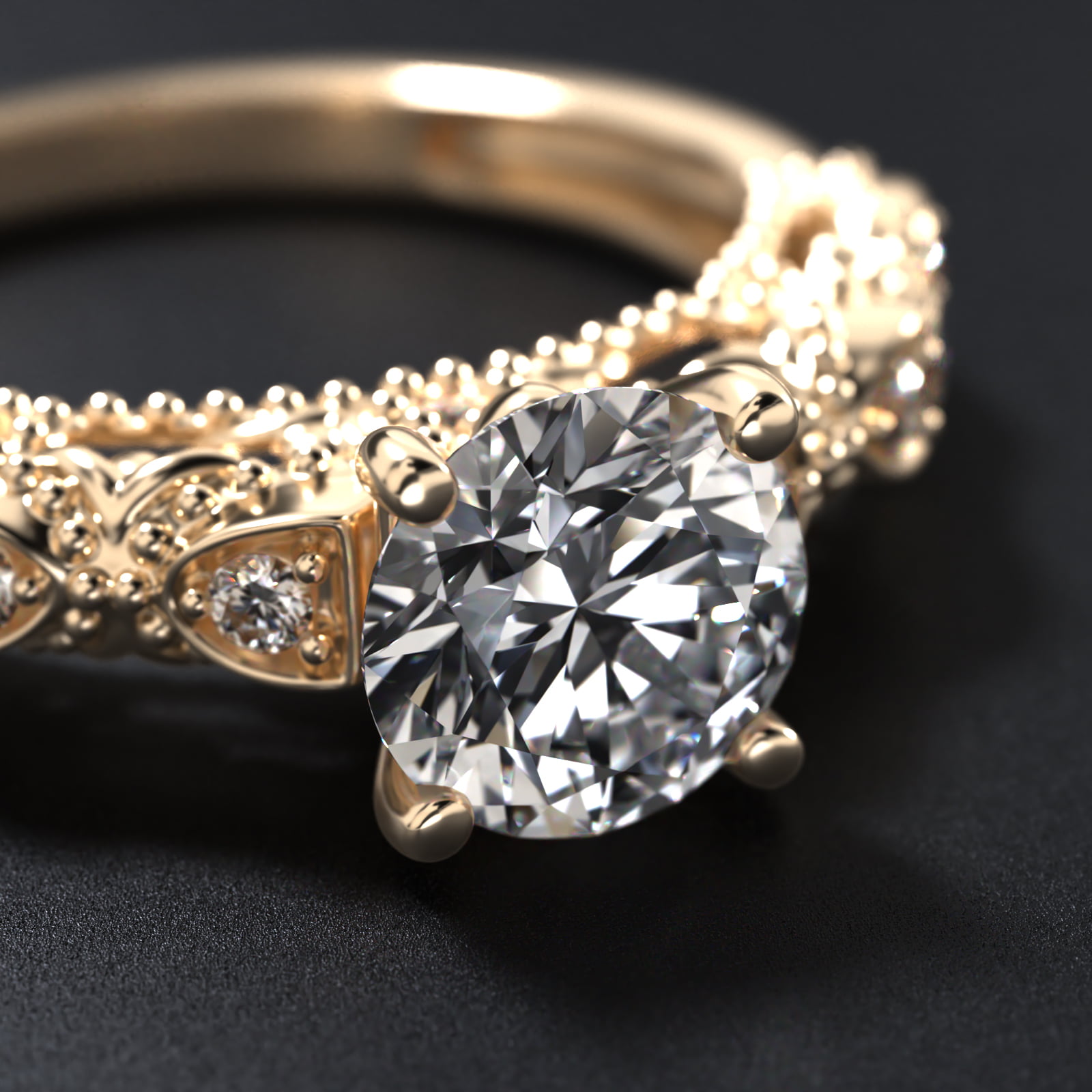 Beaded Open Span Vintage-Style Engagement Ring In 18K Yellow Gold