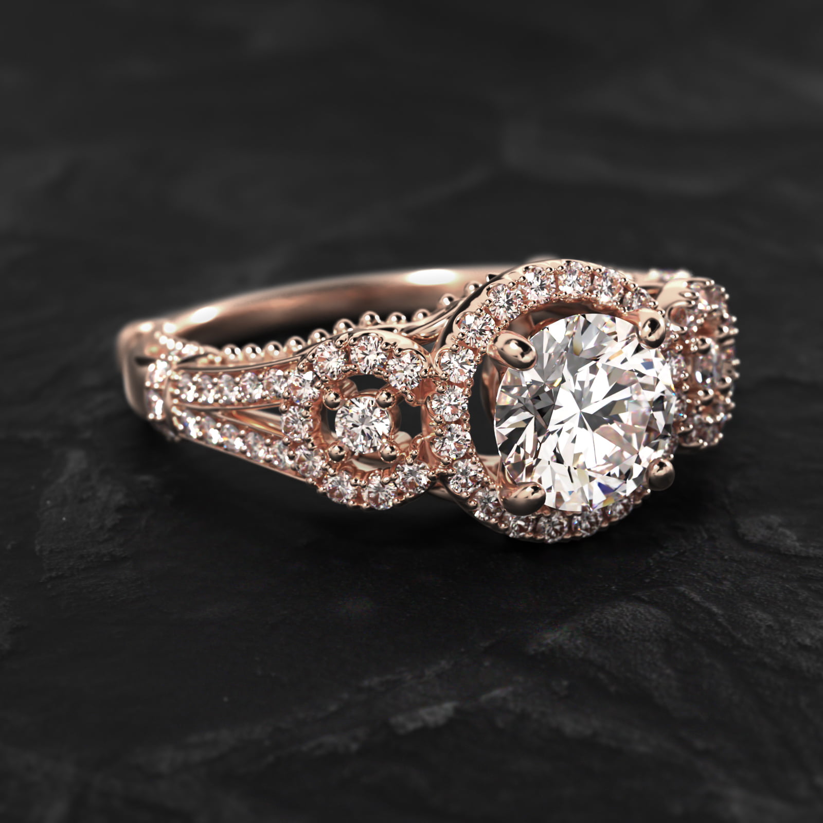Three Stone Decorative Bridge Vintage-Style Engagement Ring In 14K Rose Gold