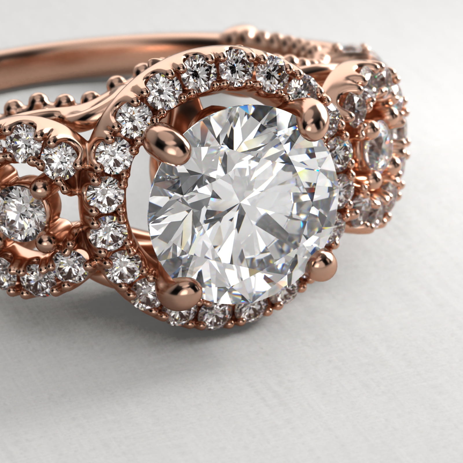 Three Stone Decorative Bridge Vintage-Style Engagement Ring In 14K Rose Gold
