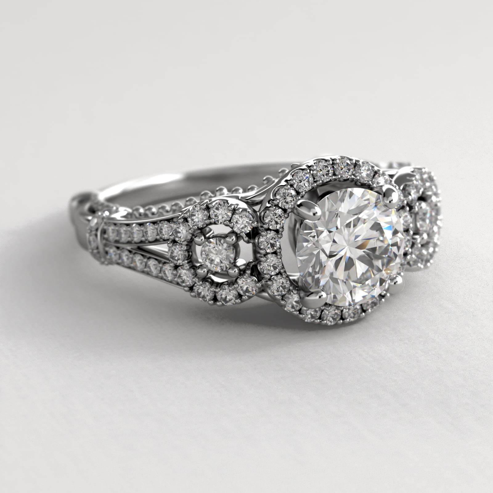 Three Stone Decorative Bridge Vintage-Style Engagement Ring In 14K White Gold