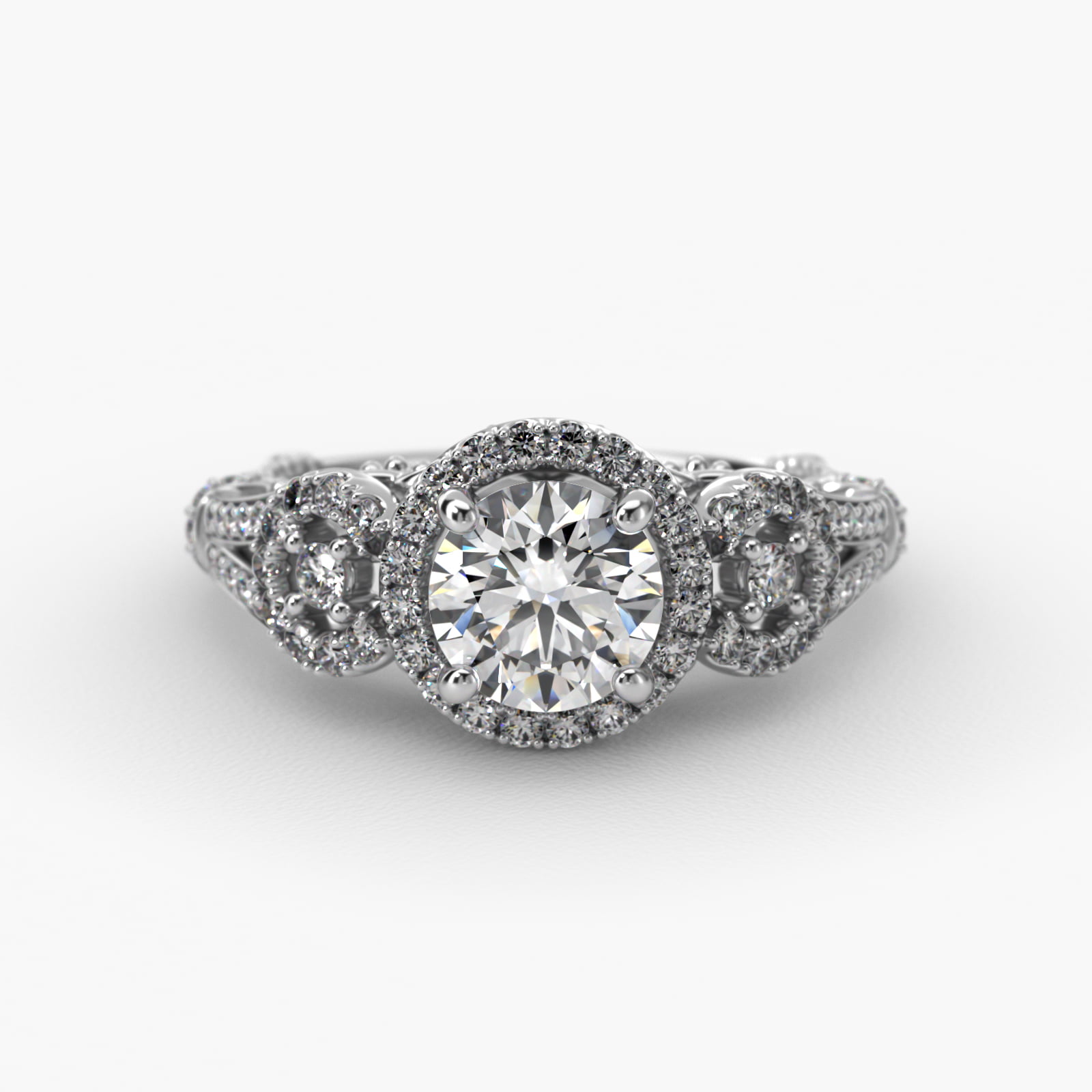Three Stone Decorative Bridge Vintage-Style Engagement Ring In Platinum
