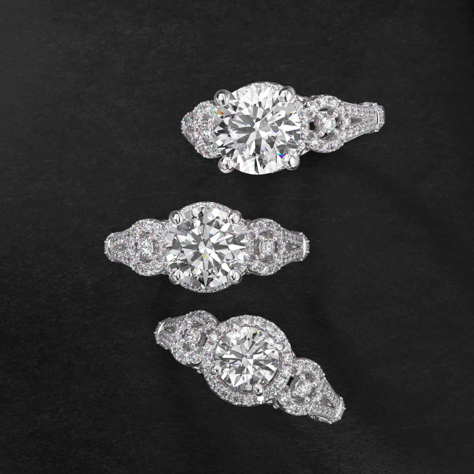 Three Stone Decorative Bridge Vintage-Style Engagement Ring In Platinum