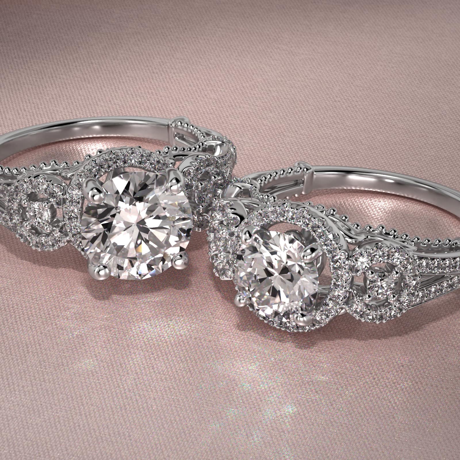 Three Stone Decorative Bridge Vintage-Style Engagement Ring In 14K White Gold