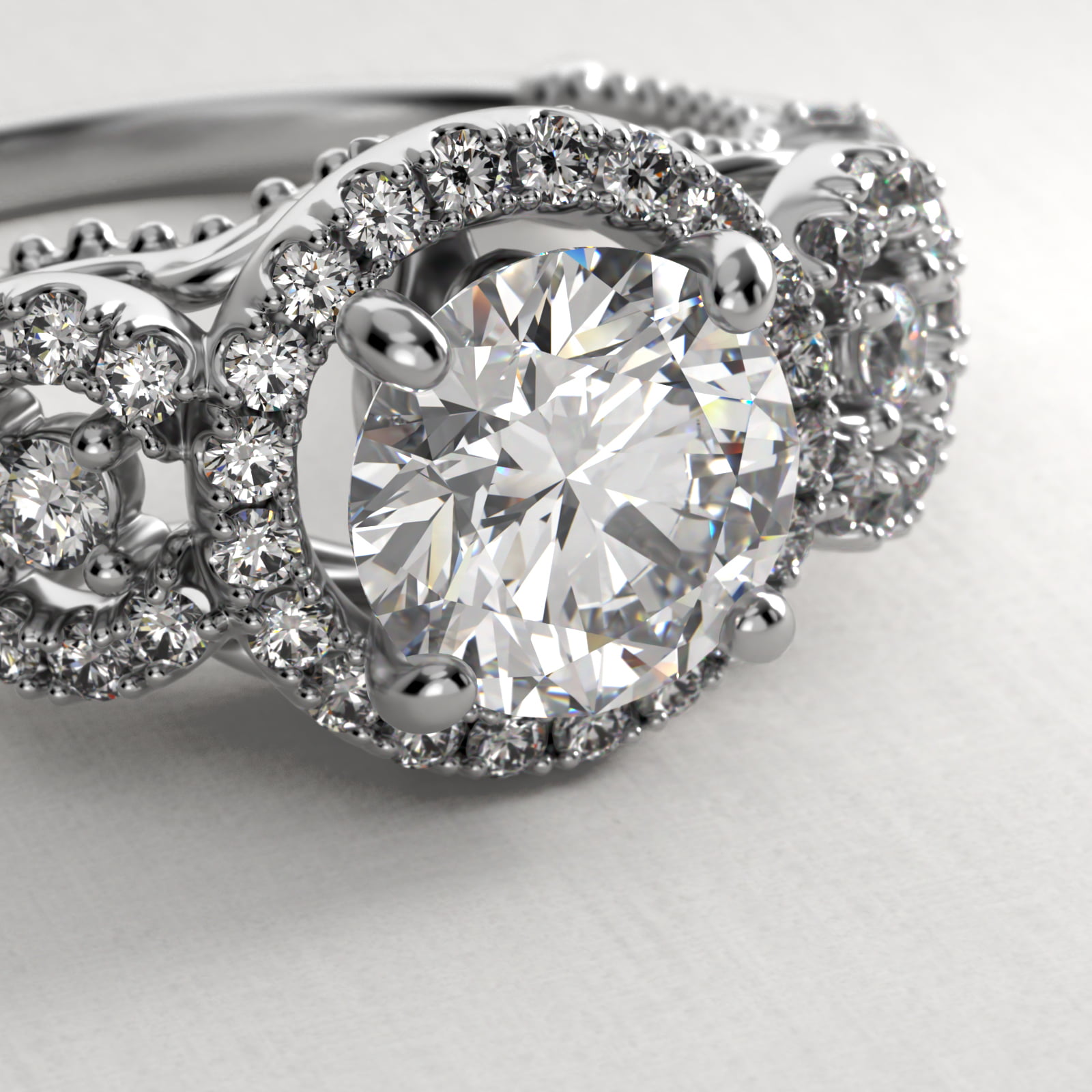 Three Stone Decorative Bridge Vintage-Style Engagement Ring In 14K White Gold