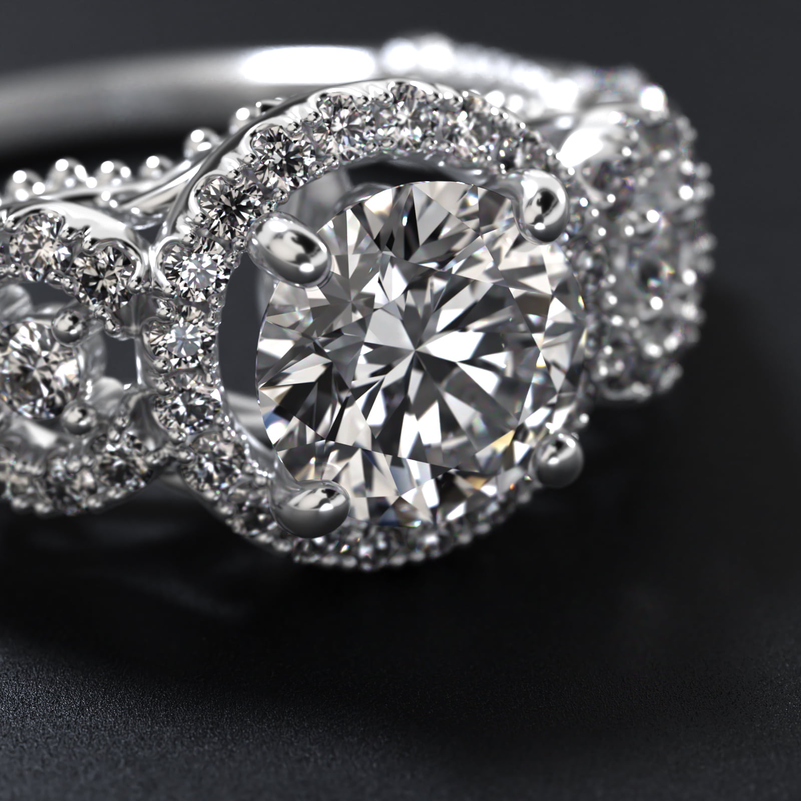 Three Stone Decorative Bridge Vintage-Style Engagement Ring In Platinum