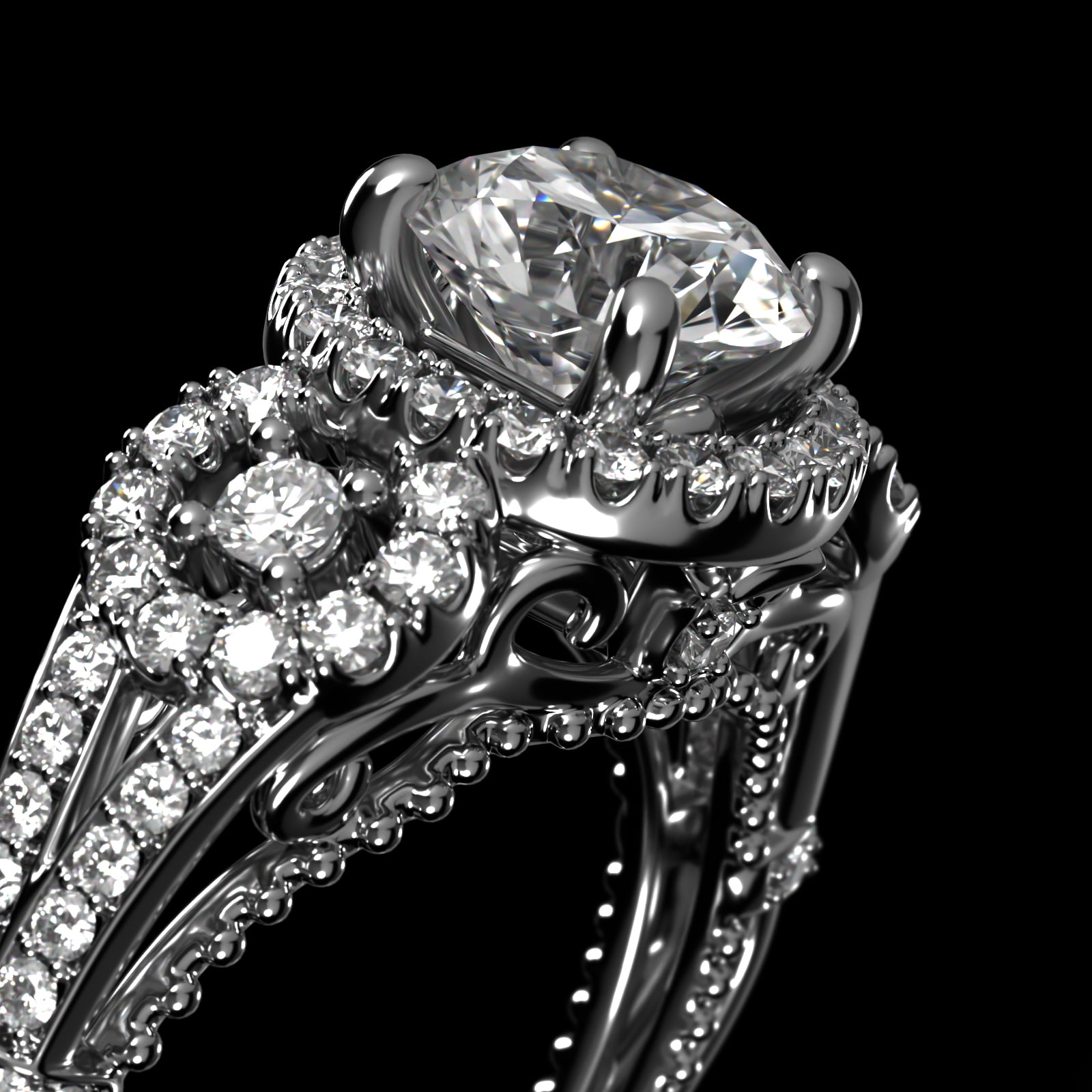 Three Stone Decorative Bridge Vintage-Style Engagement Ring In 18K White Gold