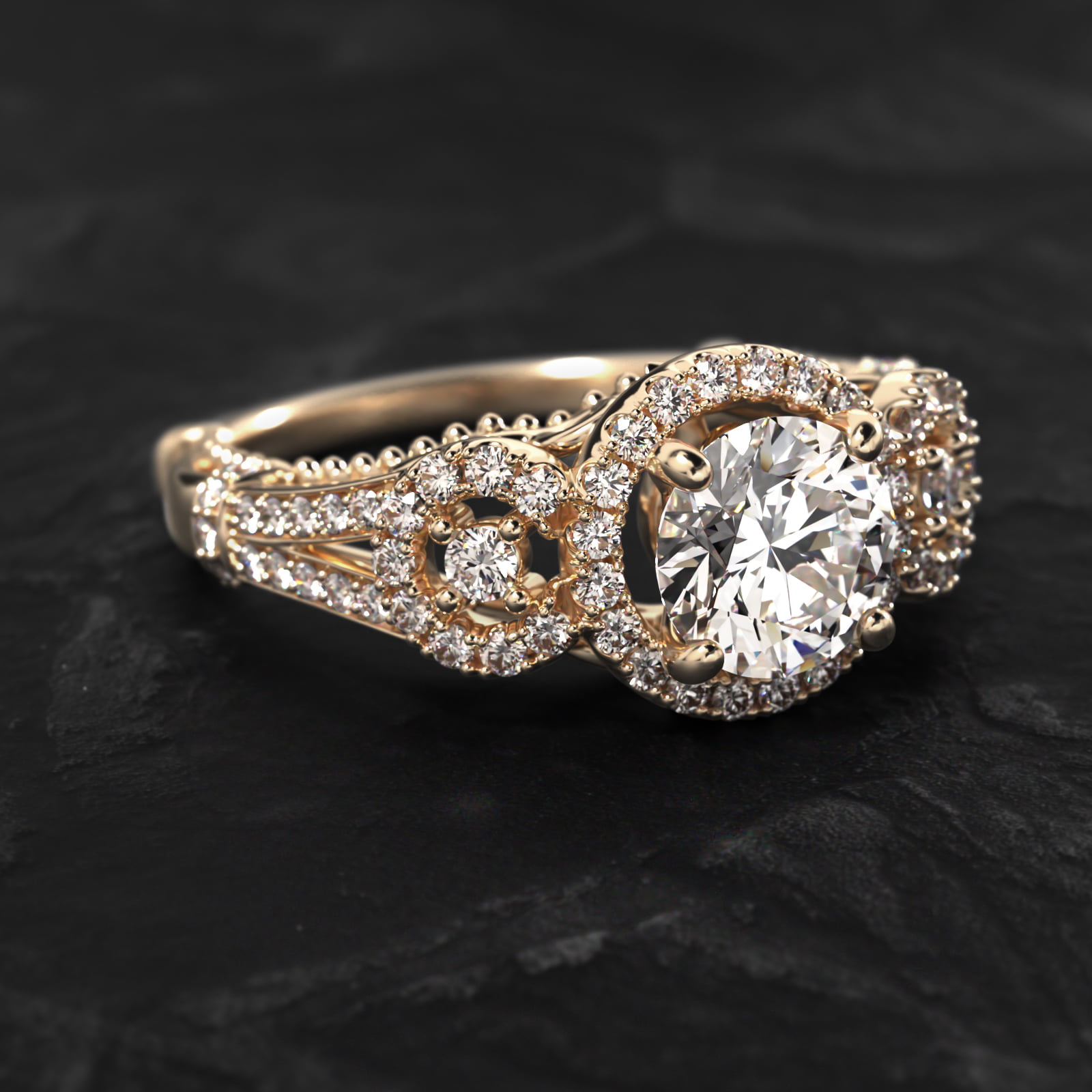Three Stone Decorative Bridge Vintage-Style Engagement Ring In 14K Yellow Gold