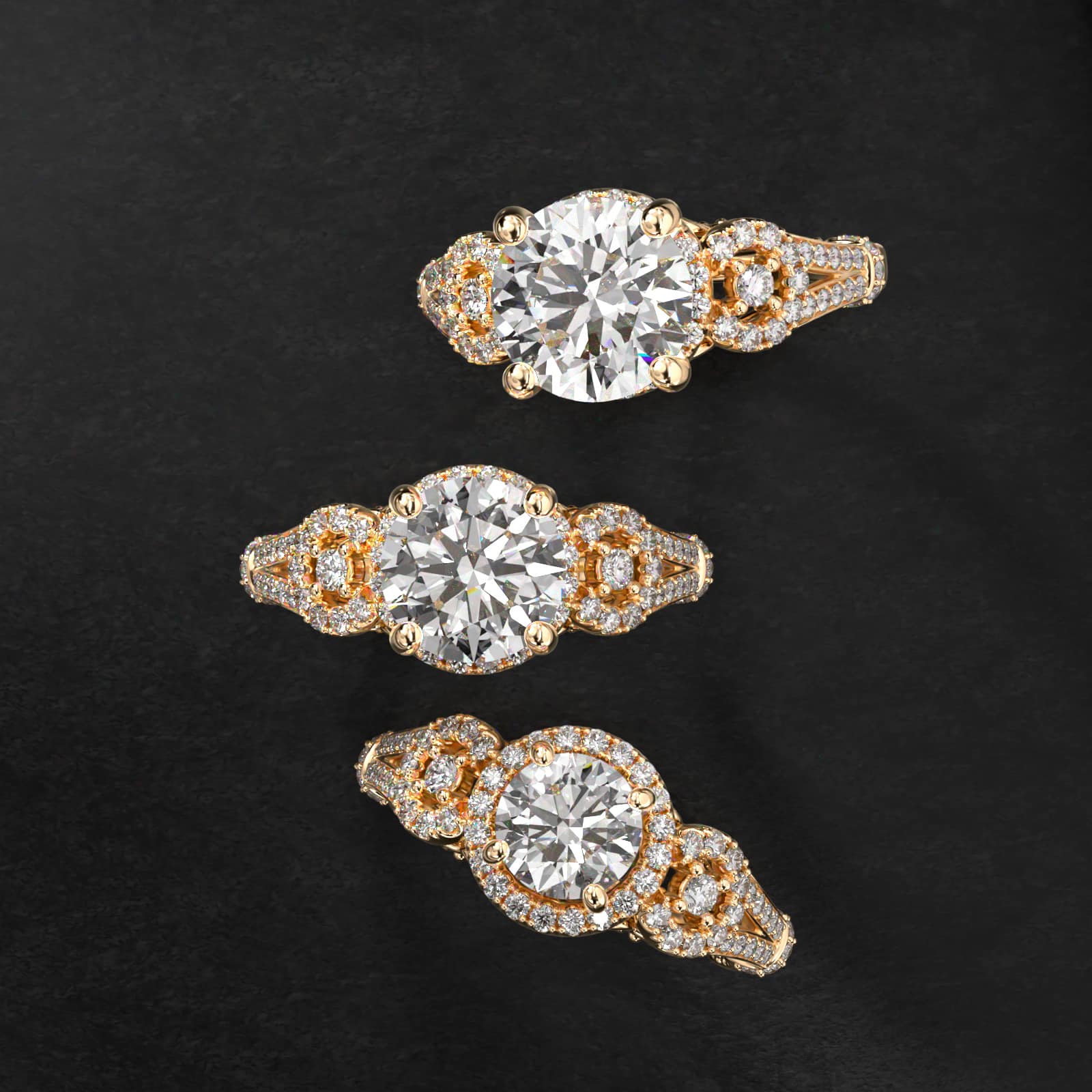 Three Stone Decorative Bridge Vintage-Style Engagement Ring In 14K Yellow Gold