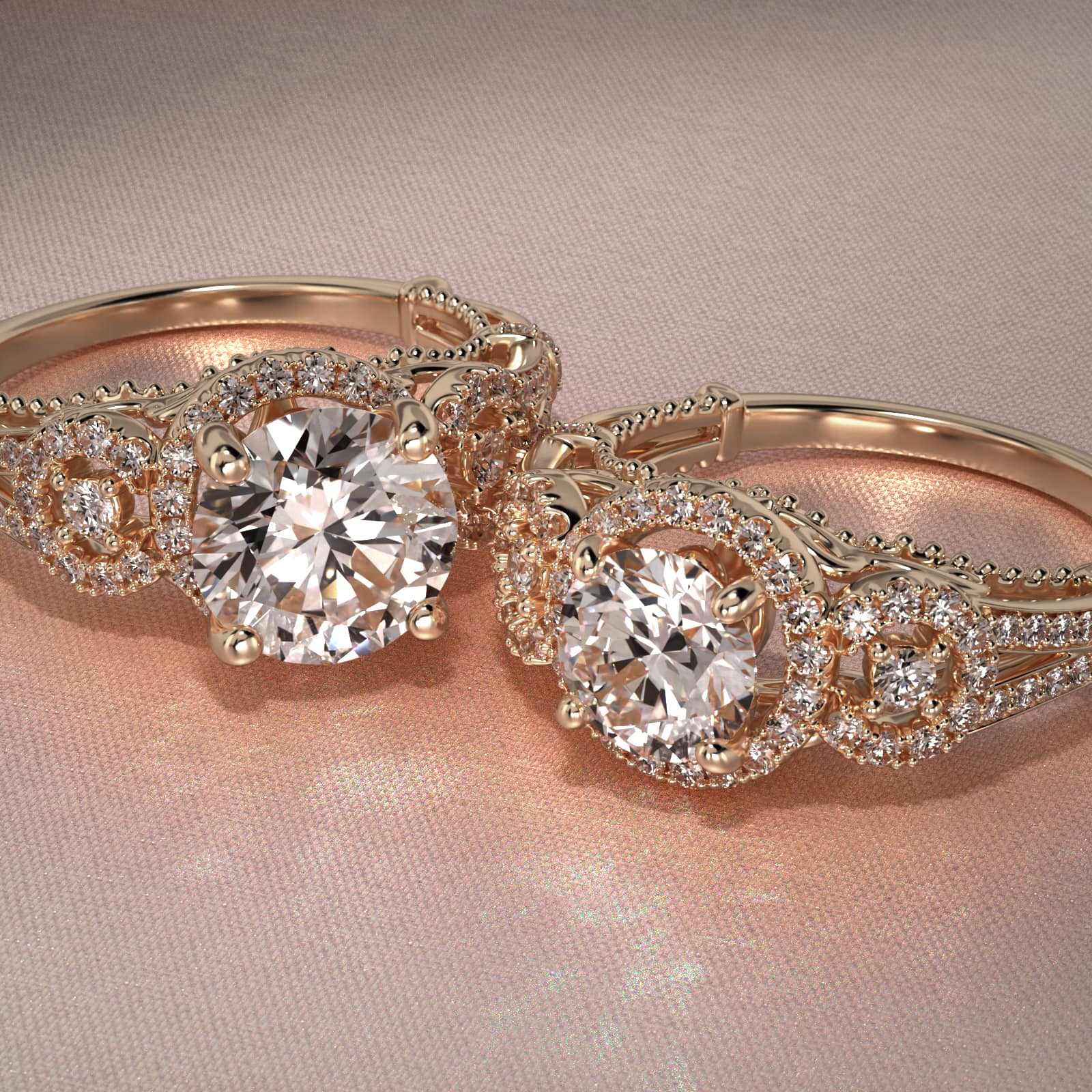 Three Stone Decorative Bridge Vintage-Style Engagement Ring In 18K Yellow Gold