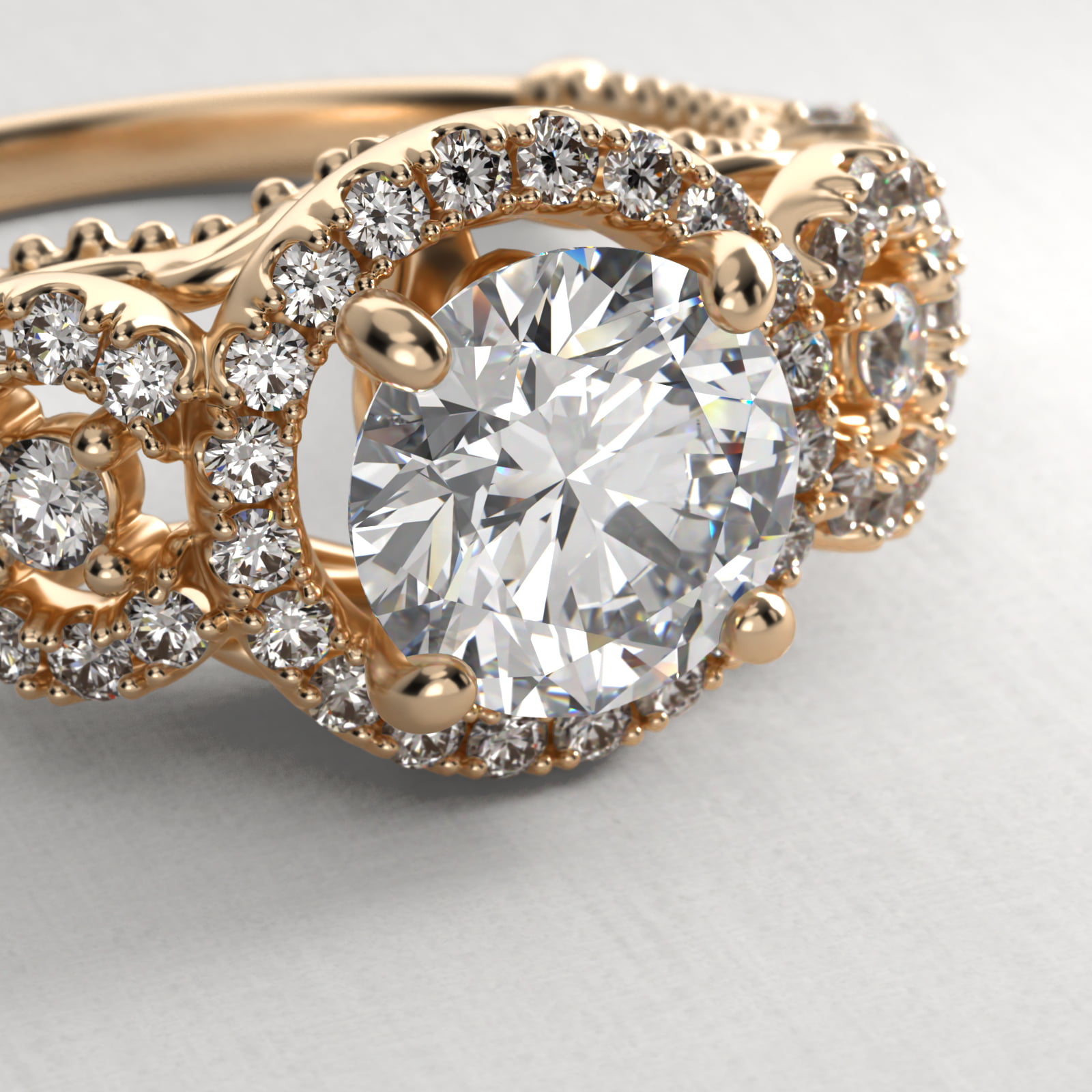 Three Stone Decorative Bridge Vintage-Style Engagement Ring In 14K Yellow Gold