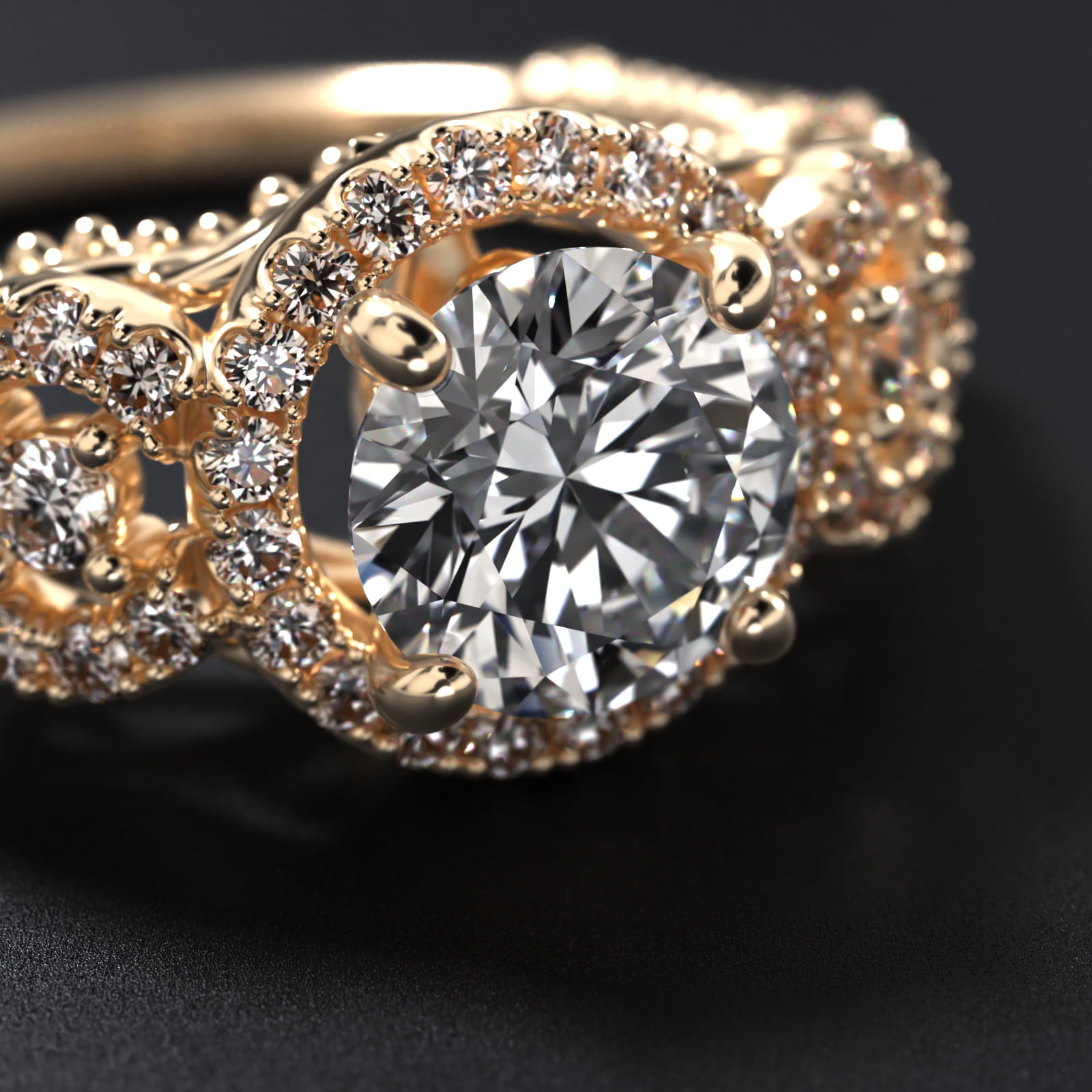 Three Stone Decorative Bridge Vintage-Style Engagement Ring In 18K Yellow Gold