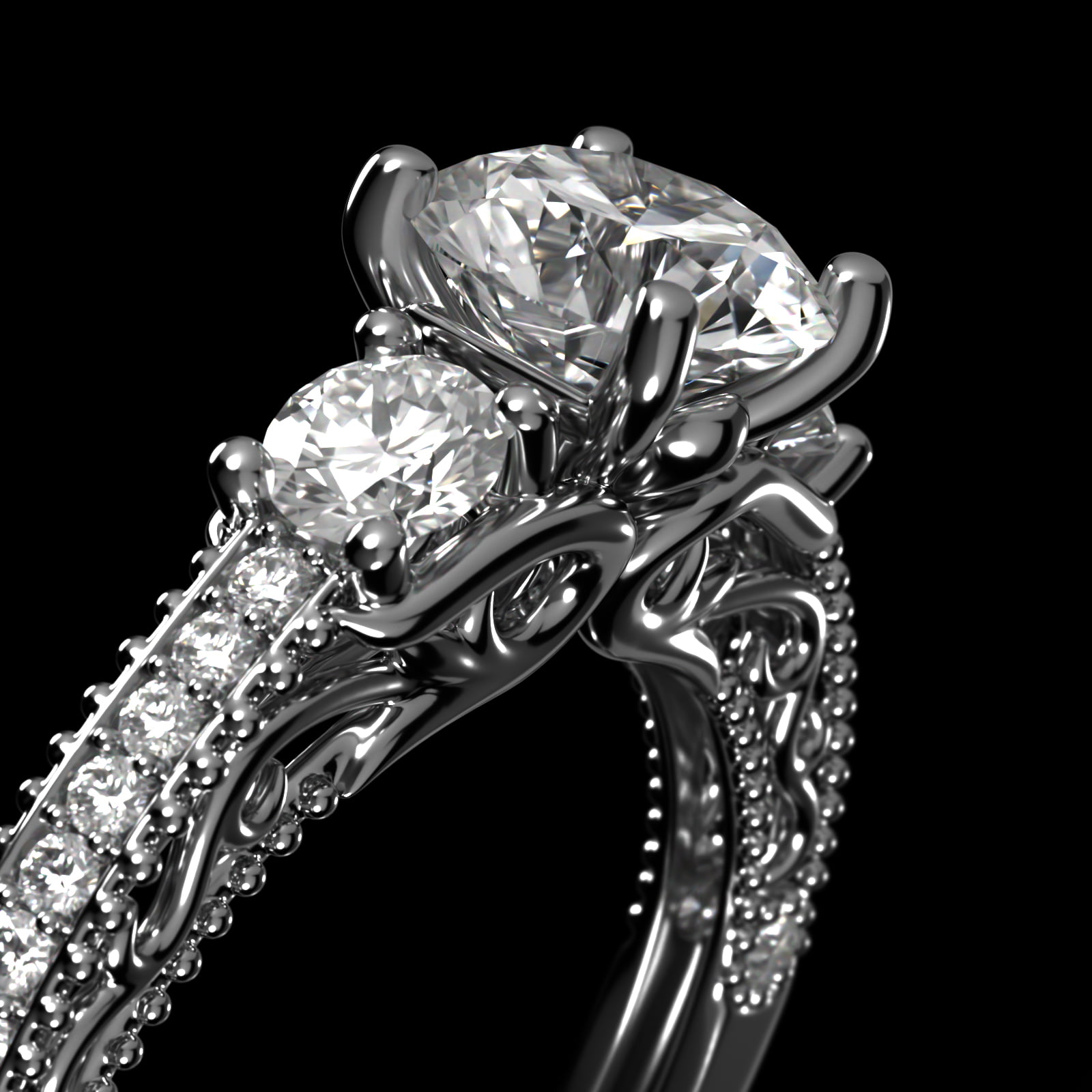 Floral Scroll Vintage-Style Engagement Ring In 18K White Gold