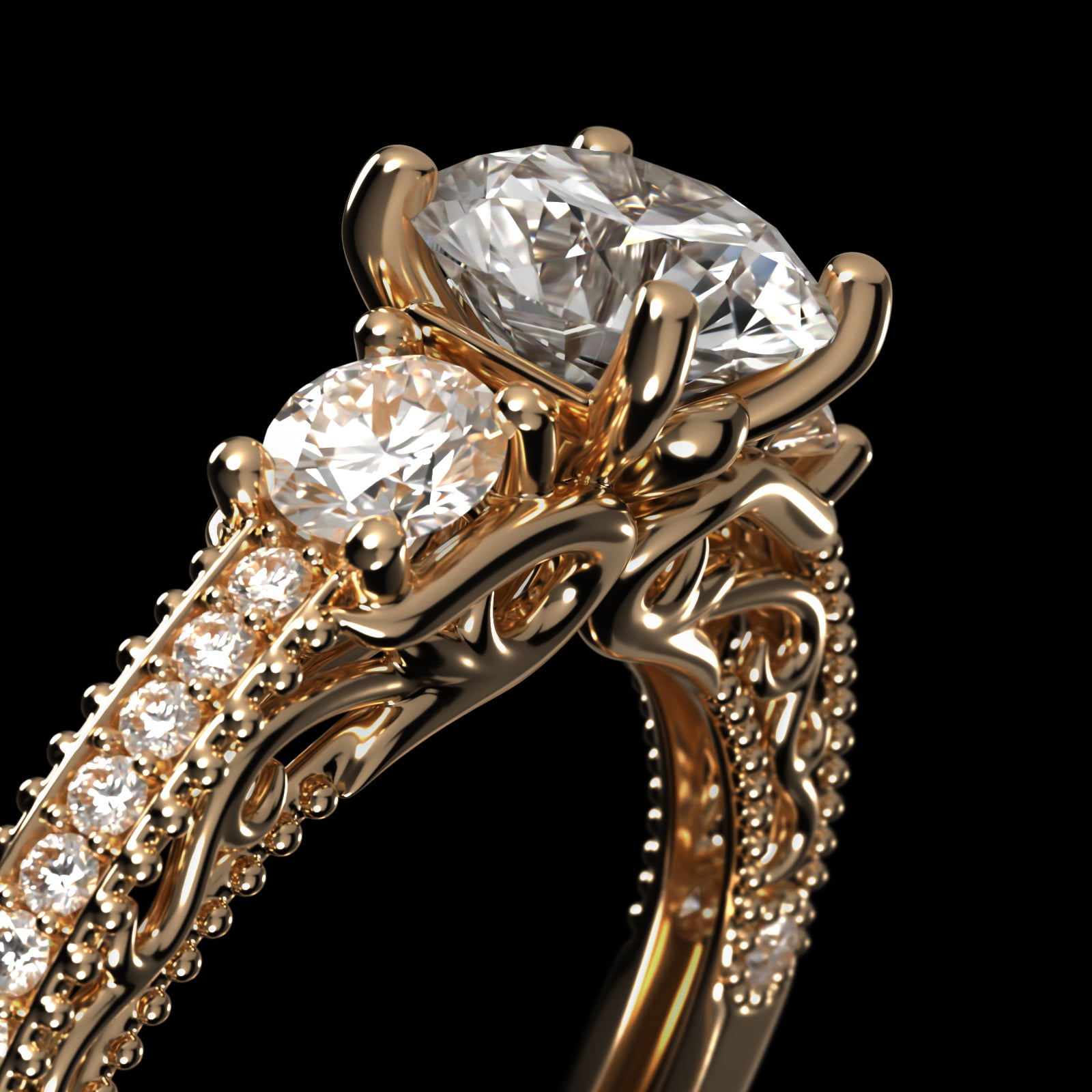 Floral Scroll Vintage-Style Engagement Ring In 14K Yellow Gold