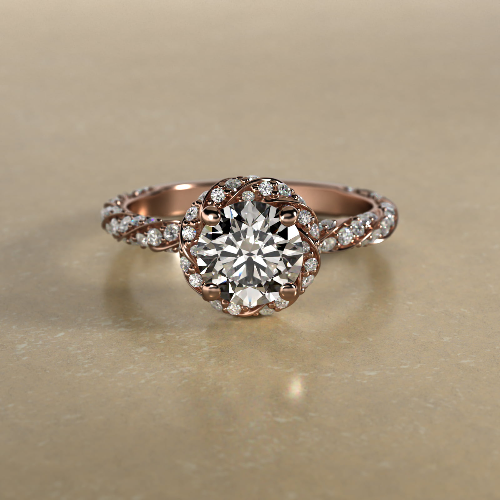 Twisted Pavé Diamond Halo Engagement Ring In 14K Rose Gold