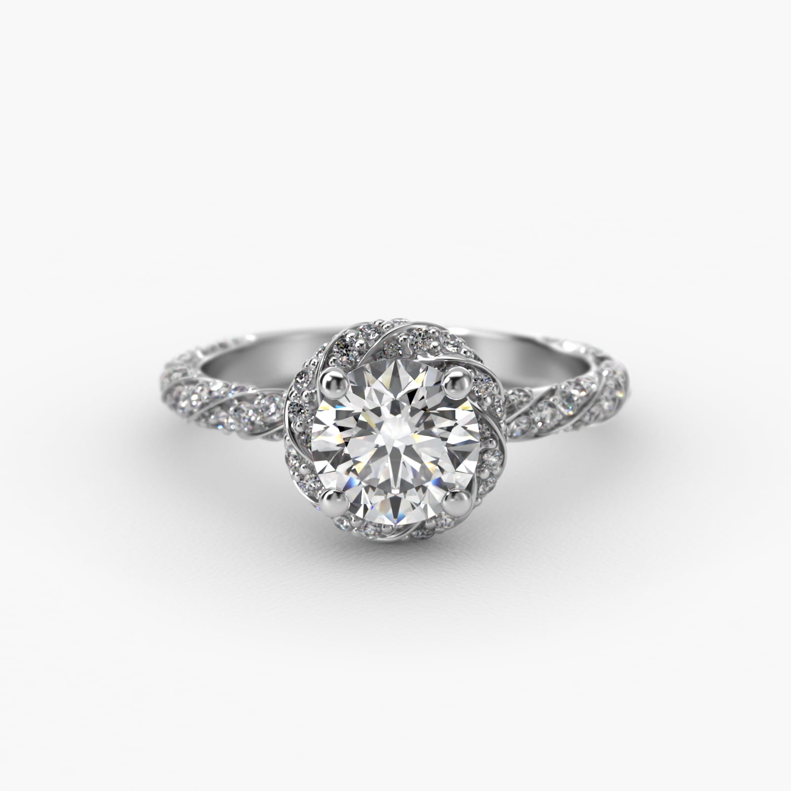 Twisted Pavé Diamond Halo Engagement Ring In 18K White Gold