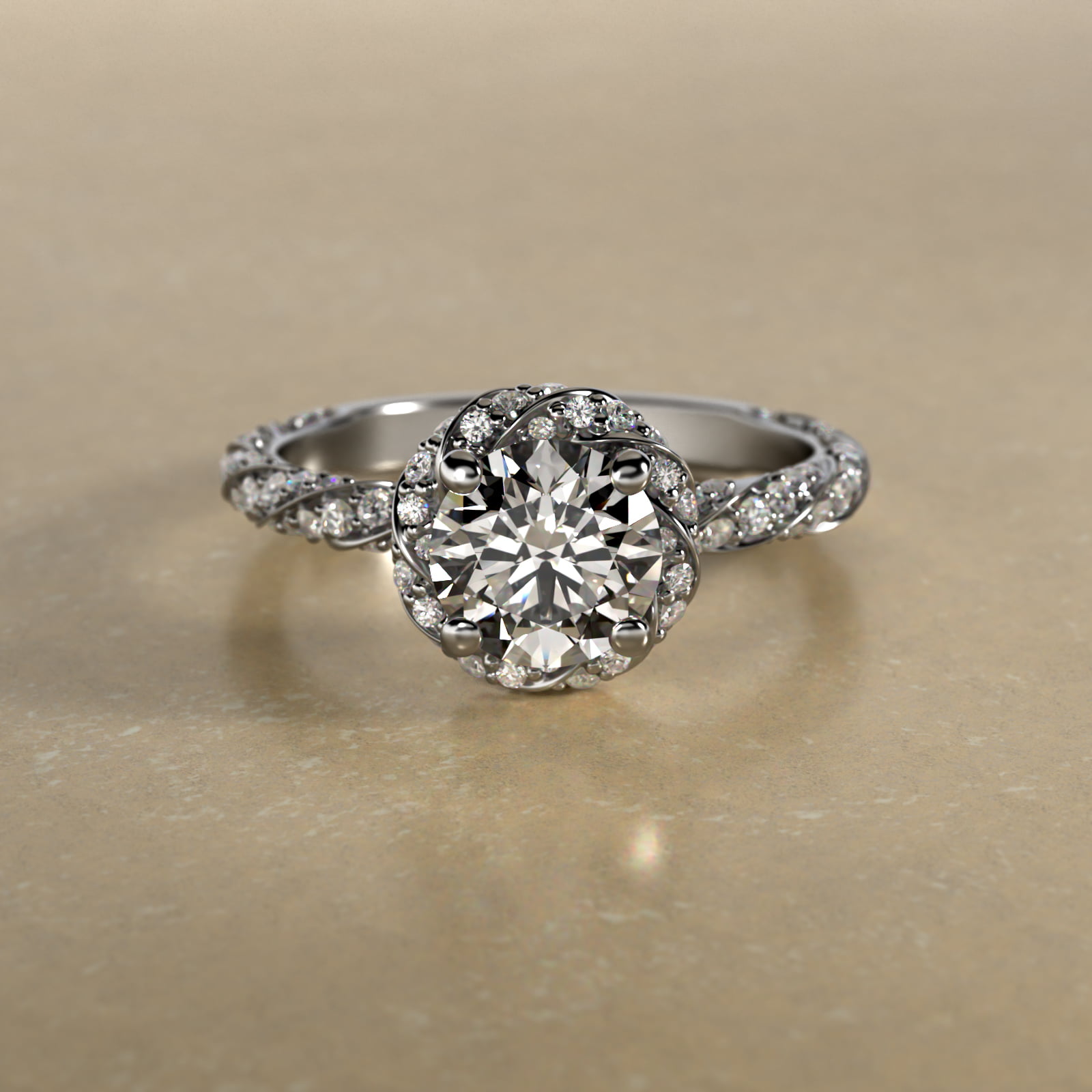 Twisted Pavé Diamond Halo Engagement Ring In 14K White Gold