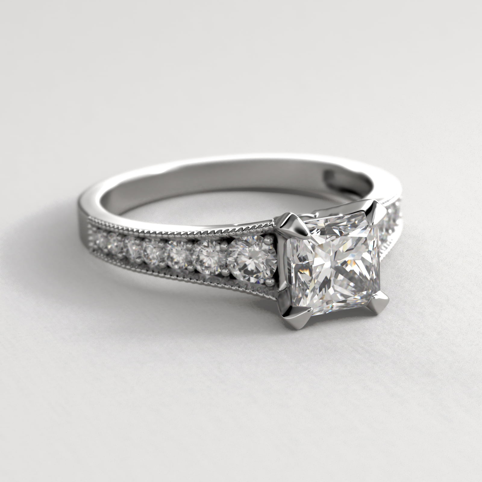 Reverse Taper Milgrain Diamond Pavé Engagement Ring In 18K White Gold
