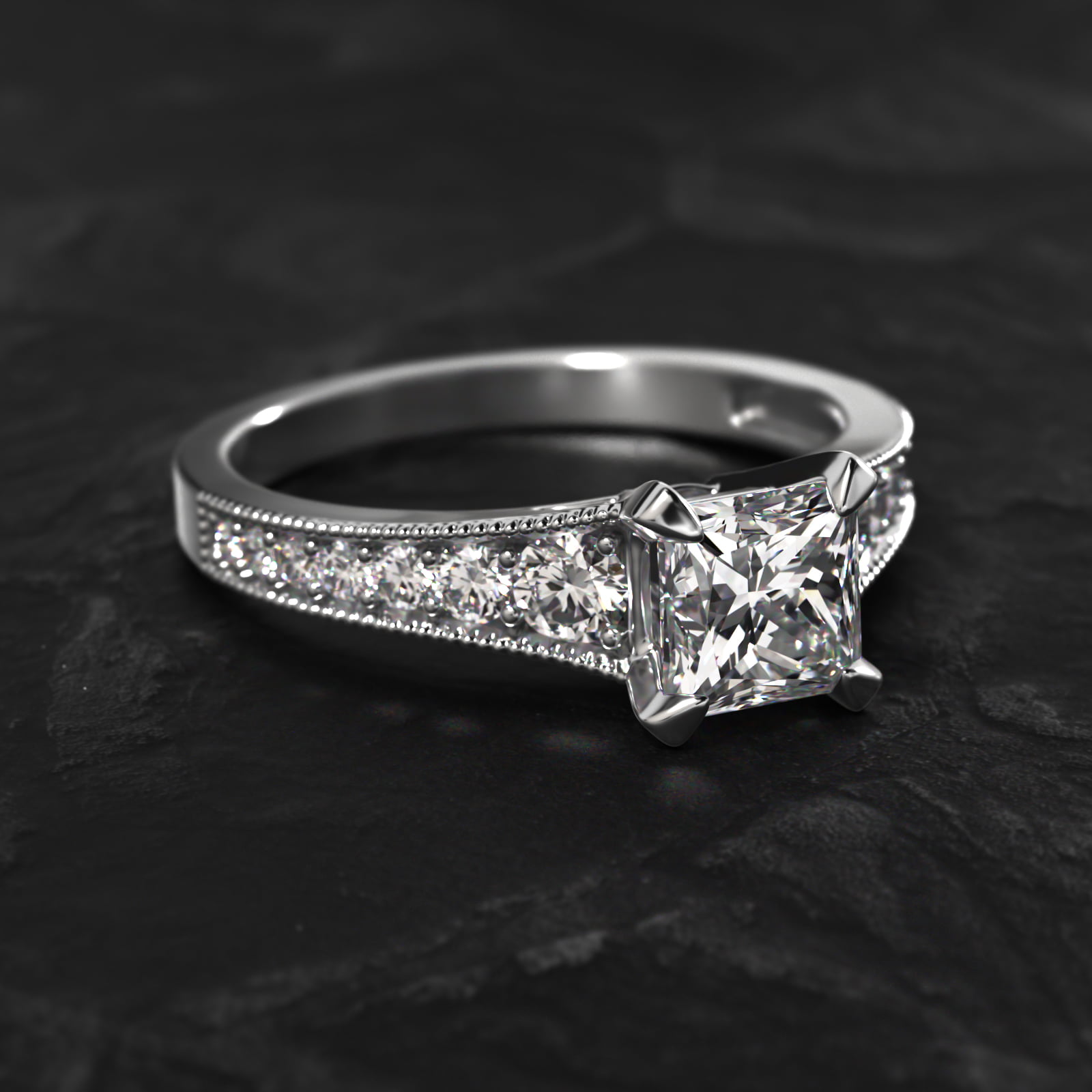 Reverse Taper Milgrain Diamond Pavé Engagement Ring In 14K White Gold