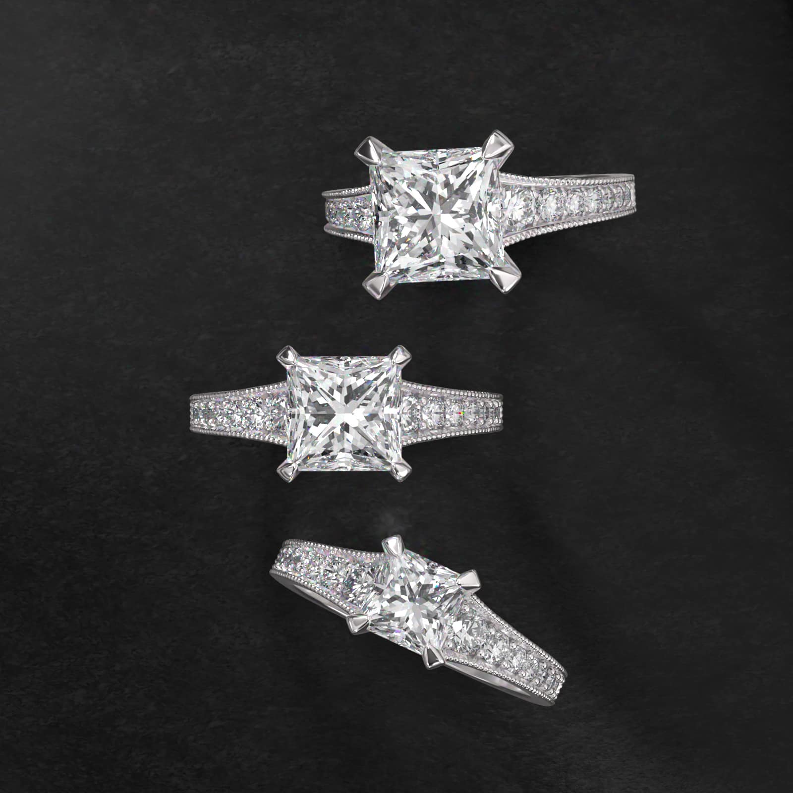 Reverse Taper Milgrain Diamond Pavé Engagement Ring In 14K White Gold