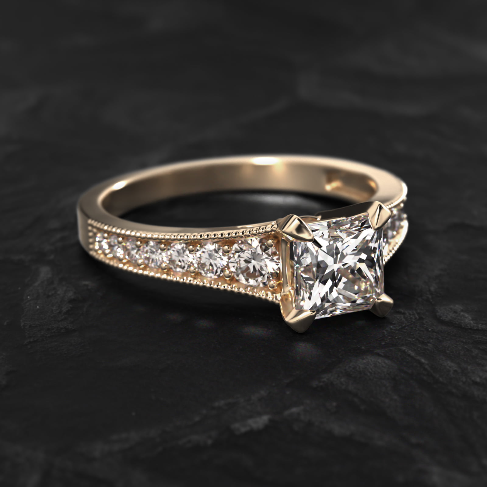 Reverse Taper Milgrain Diamond Pavé Engagement Ring In 18K Yellow Gold