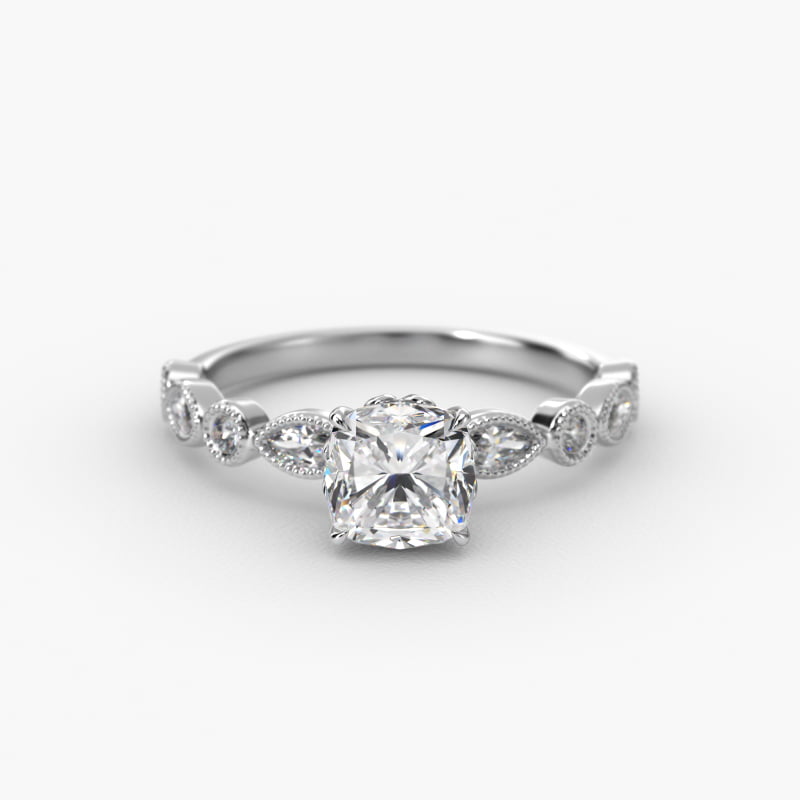 Round and Marquise Cut Side Stone Diamond Engagement Ring In Platinum