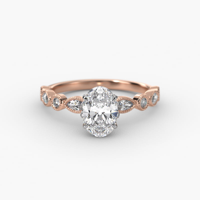 Round and Marquise Cut Side Stone Diamond Engagement Ring In 14K Rose Gold