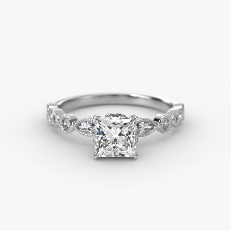 Round and Marquise Cut Side Stone Diamond Engagement Ring In Platinum