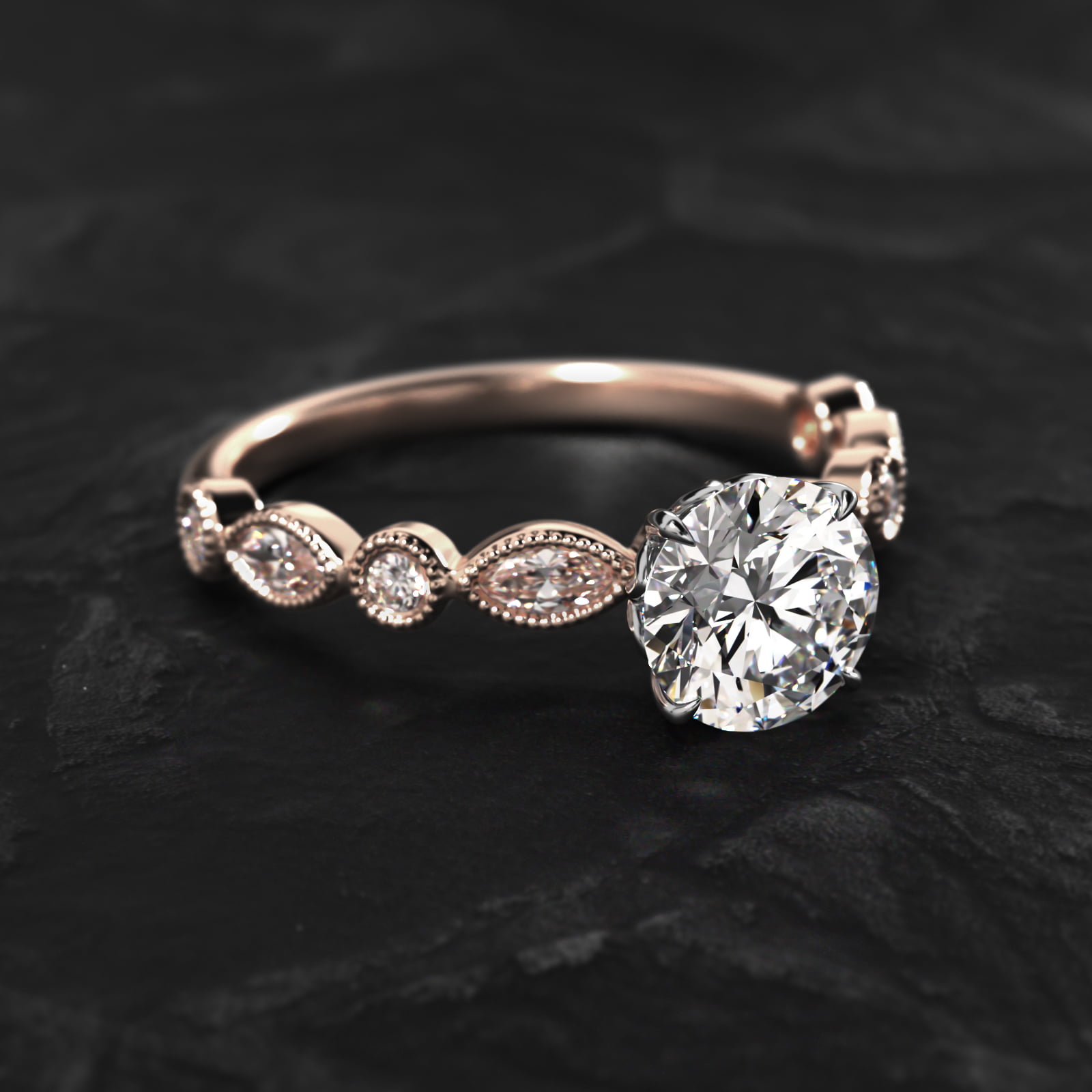 Round and Marquise Cut Side Stone Diamond Engagement Ring In 14K Rose Gold