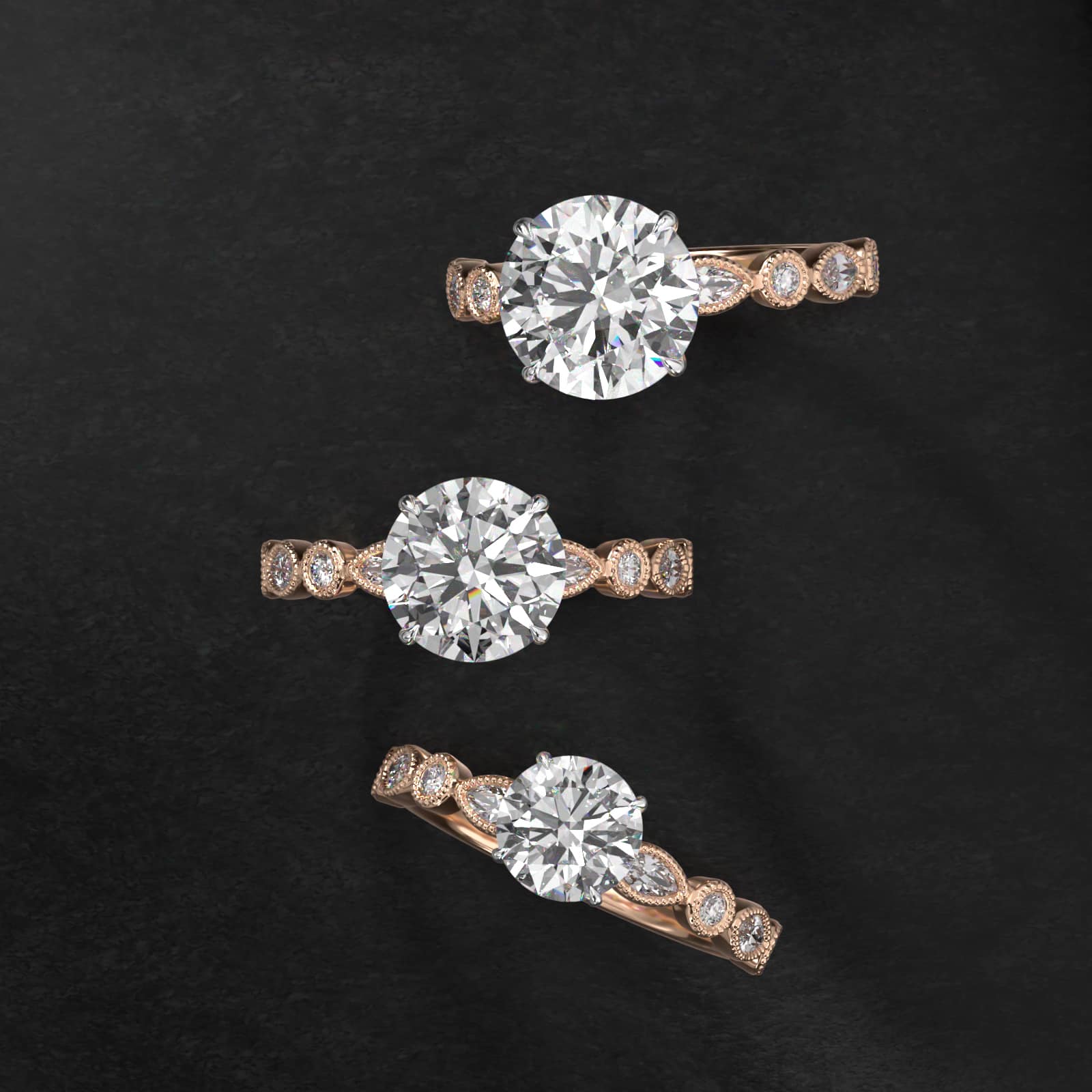 Round and Marquise Cut Side Stone Diamond Engagement Ring In 14K Rose Gold