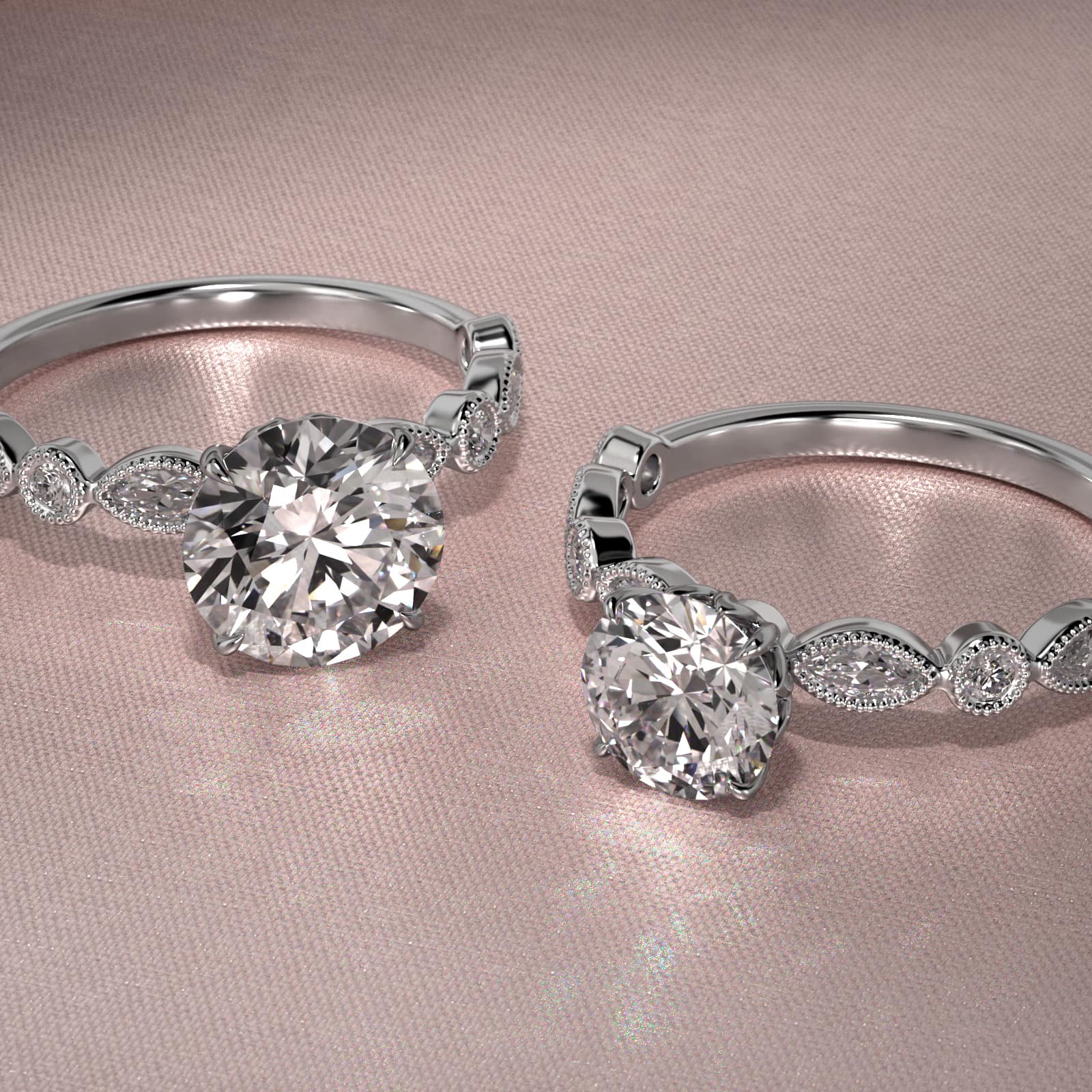 Round and Marquise Cut Side Stone Diamond Engagement Ring In 18K White Gold