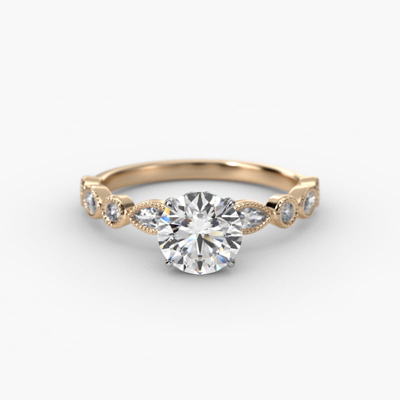 Round and Marquise Cut Side Stone Diamond Engagement Ring In 14K Yellow Gold