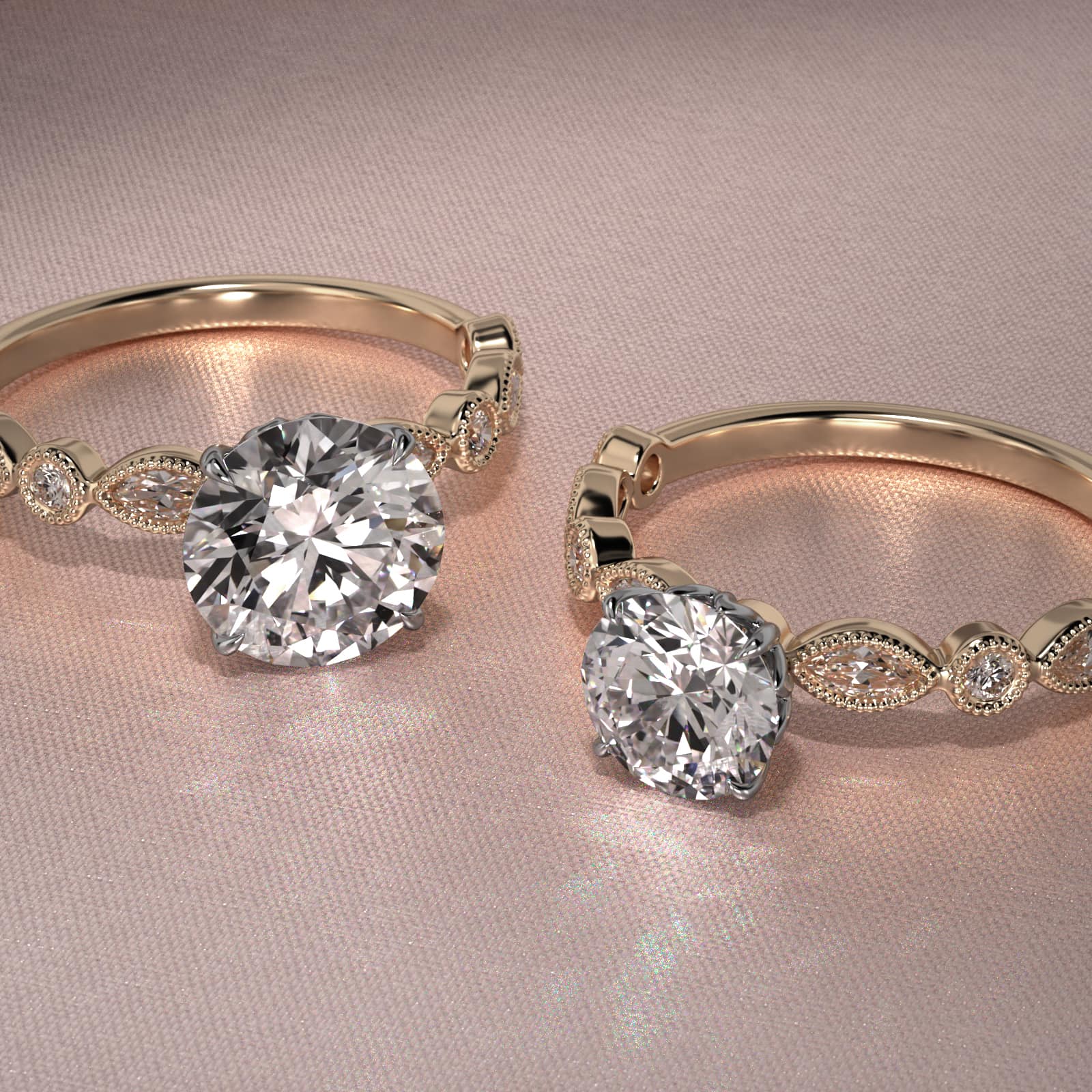 Round and Marquise Cut Side Stone Diamond Engagement Ring In 18K Yellow Gold