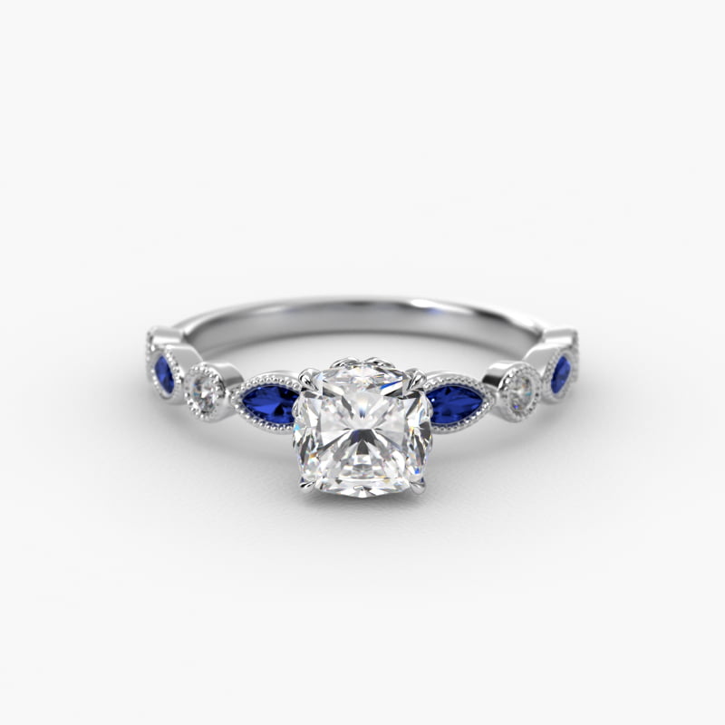 Vintage Round Diamond and Marquise Sapphire Side Stone Engagement Ring In Platinum