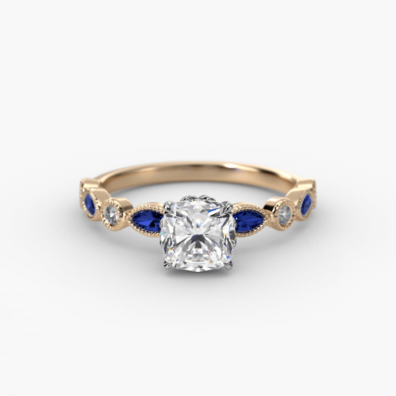 Vintage Round Diamond and Marquise Sapphire Side Stone Engagement Ring In 14K Yellow Gold