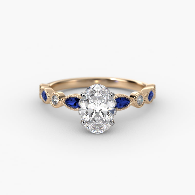 Vintage Round Diamond and Marquise Sapphire Side Stone Engagement Ring In 14K Yellow Gold