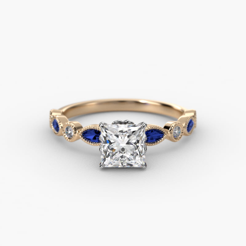 Vintage Round Diamond and Marquise Sapphire Side Stone Engagement Ring In 14K Yellow Gold
