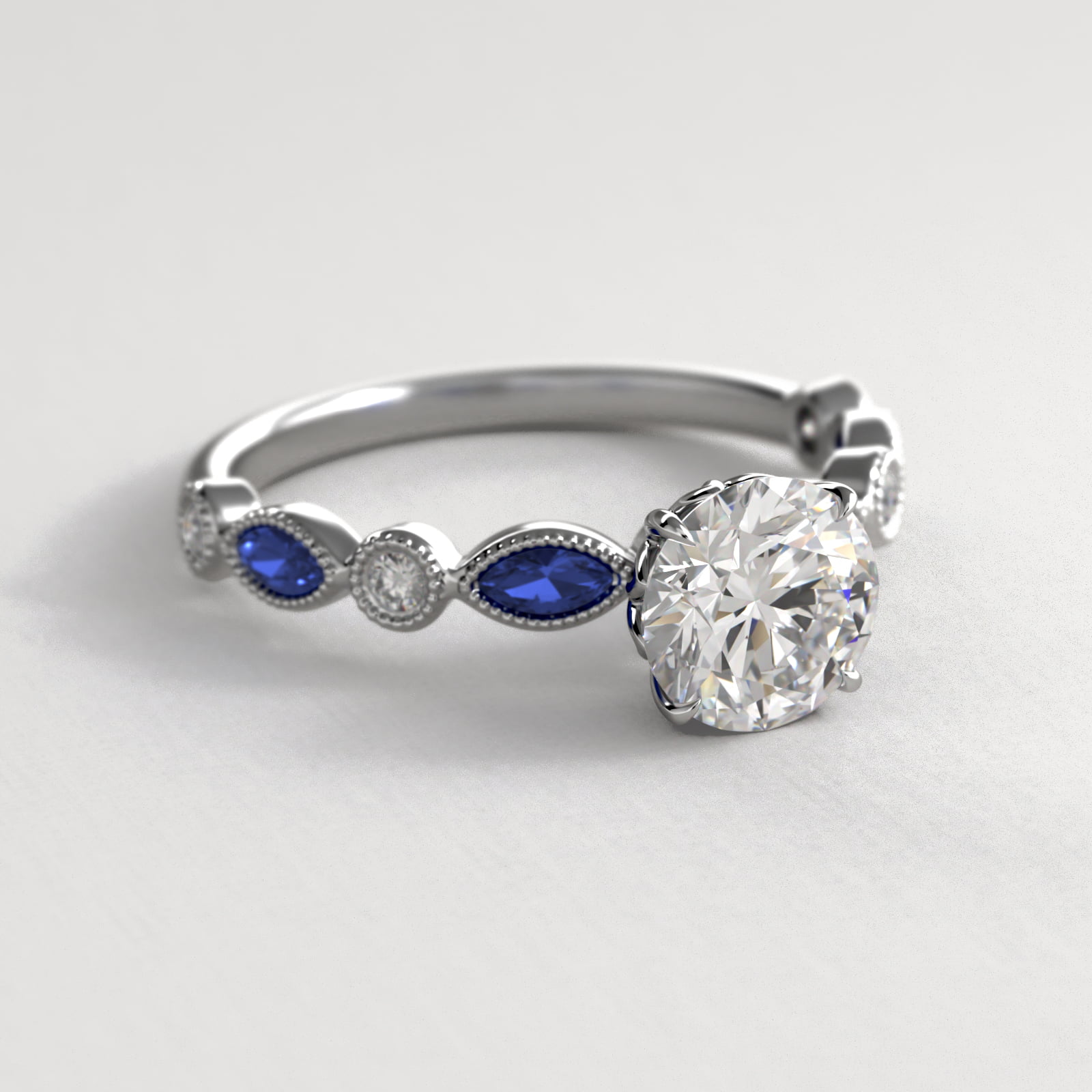 18K White Gold Vintage Round Diamond and Marquise Sapphire Engagement Ring