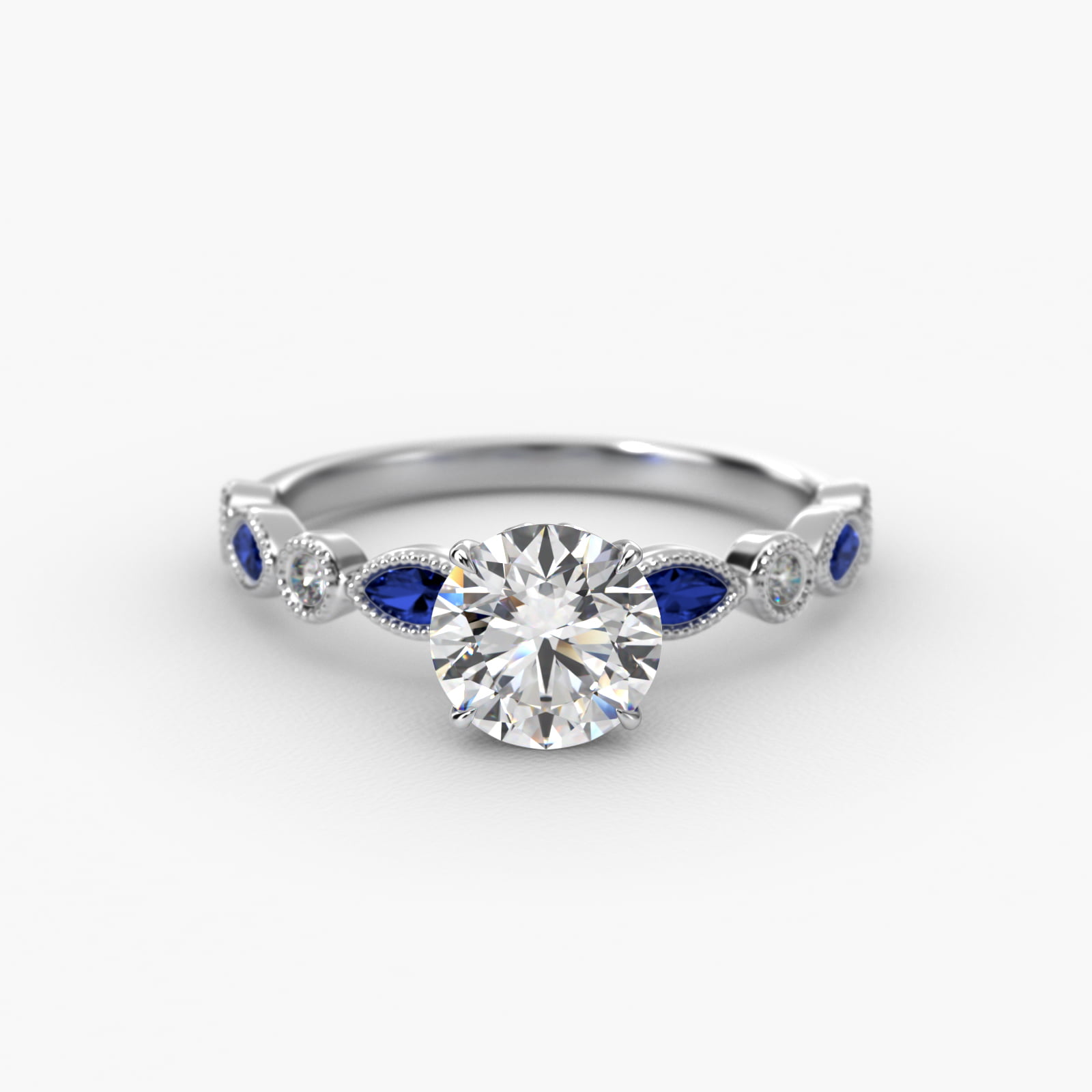 Vintage Round Diamond and Marquise Sapphire Side Stone Engagement Ring In 14K White Gold
