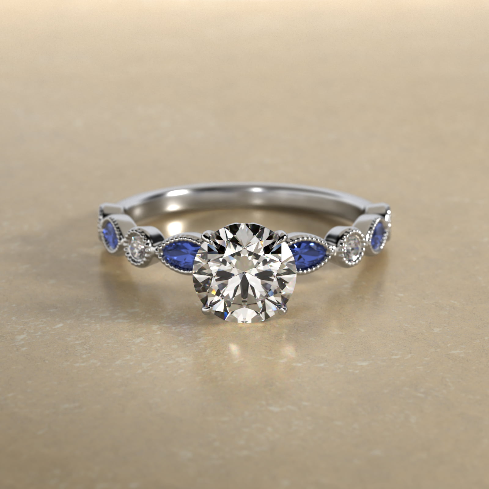 Vintage Round Diamond and Marquise Sapphire Side Stone Engagement Ring In Platinum