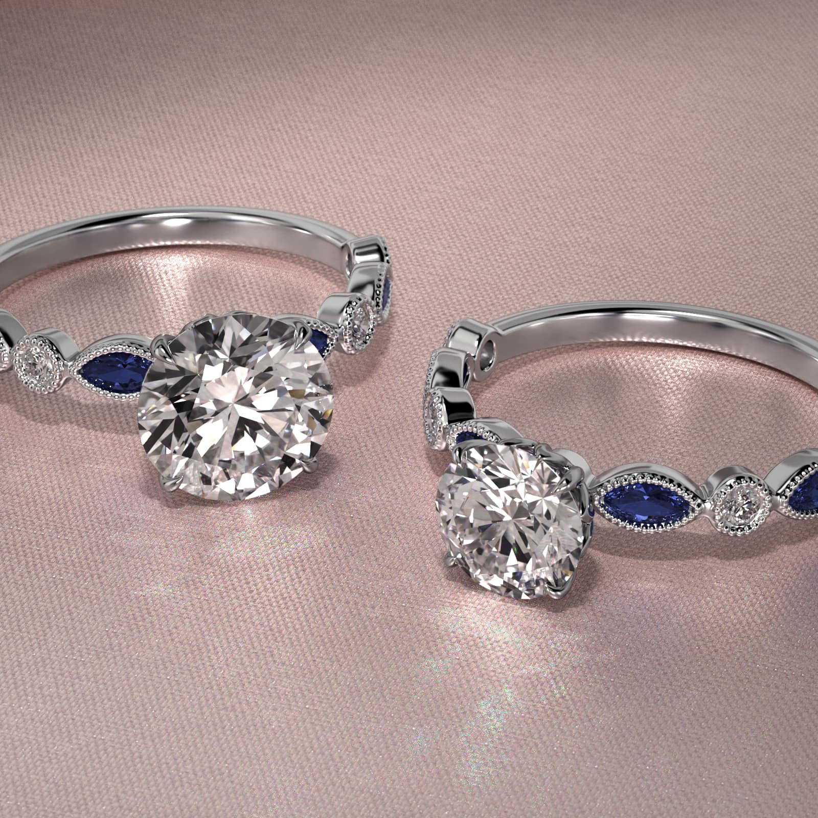 18K White Gold Vintage Round Diamond and Marquise Sapphire Engagement Ring