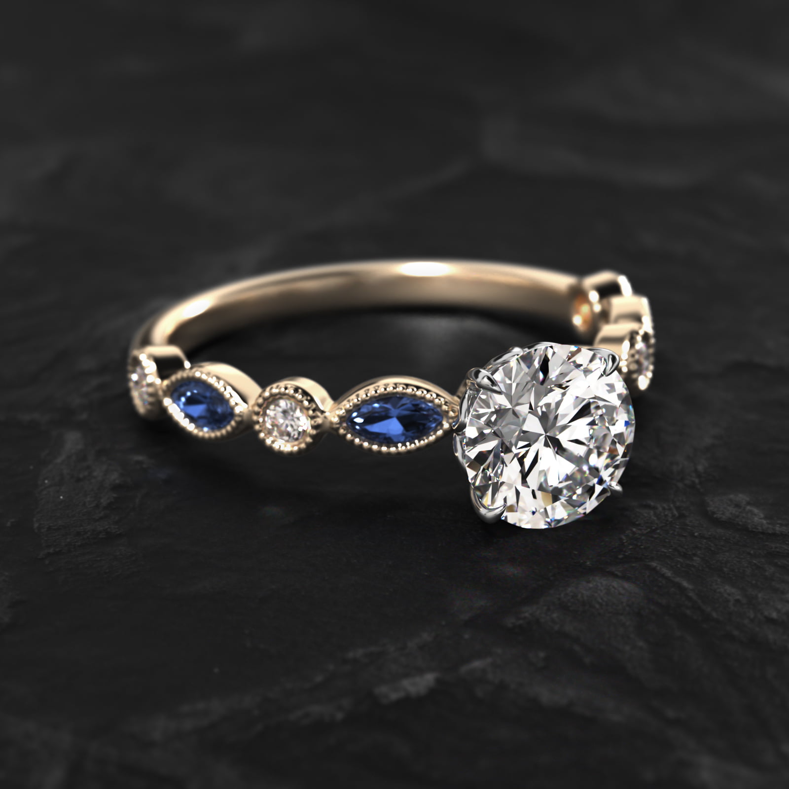 Vintage Round Diamond and Marquise Sapphire Side Stone Engagement Ring In 14K Yellow Gold
