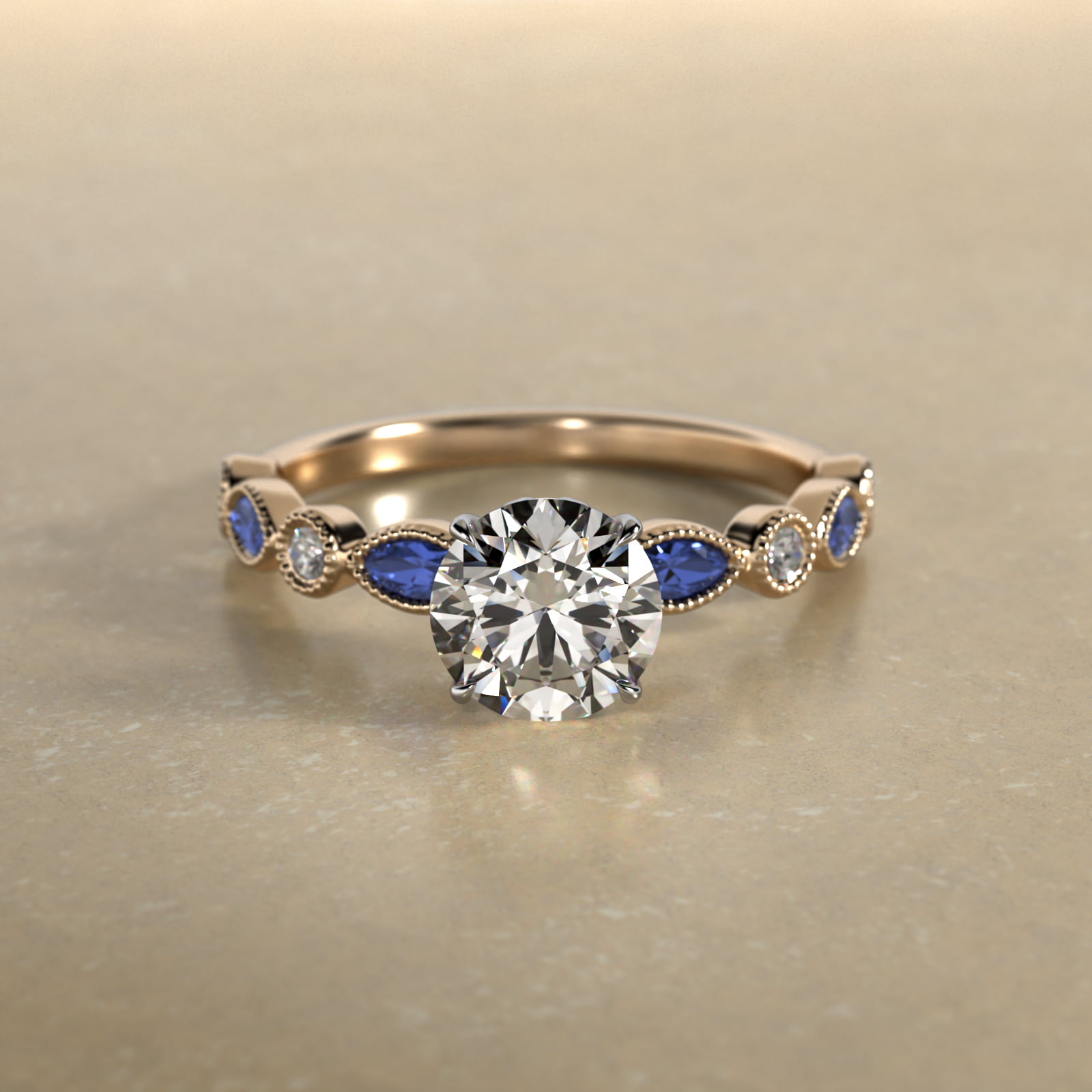 18K Yellow Gold Vintage Round Diamond and Marquise Sapphire Engagement Ring