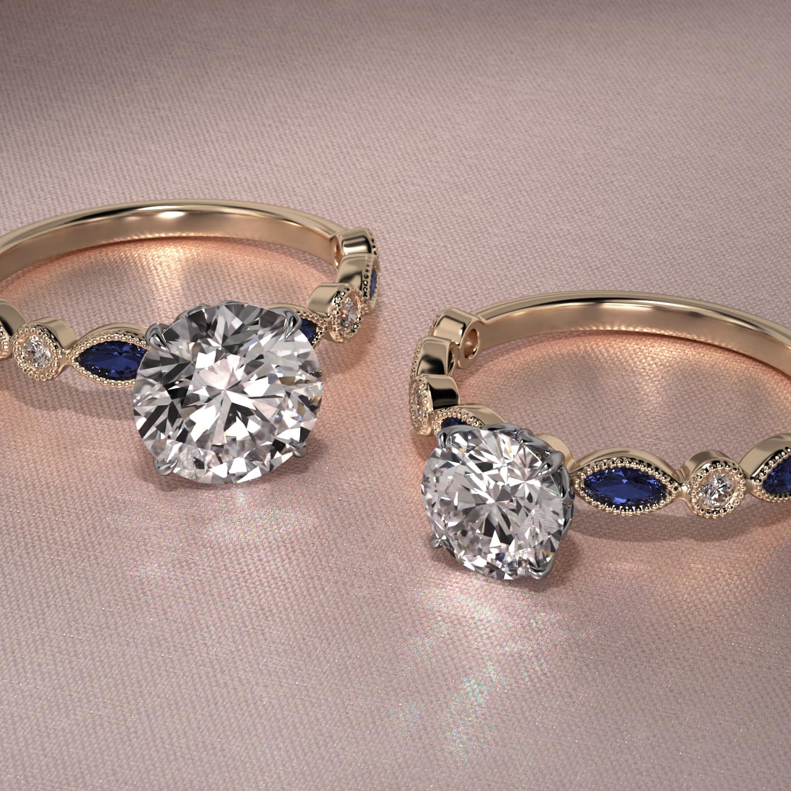 18K Yellow Gold Vintage Round Diamond and Marquise Sapphire Engagement Ring