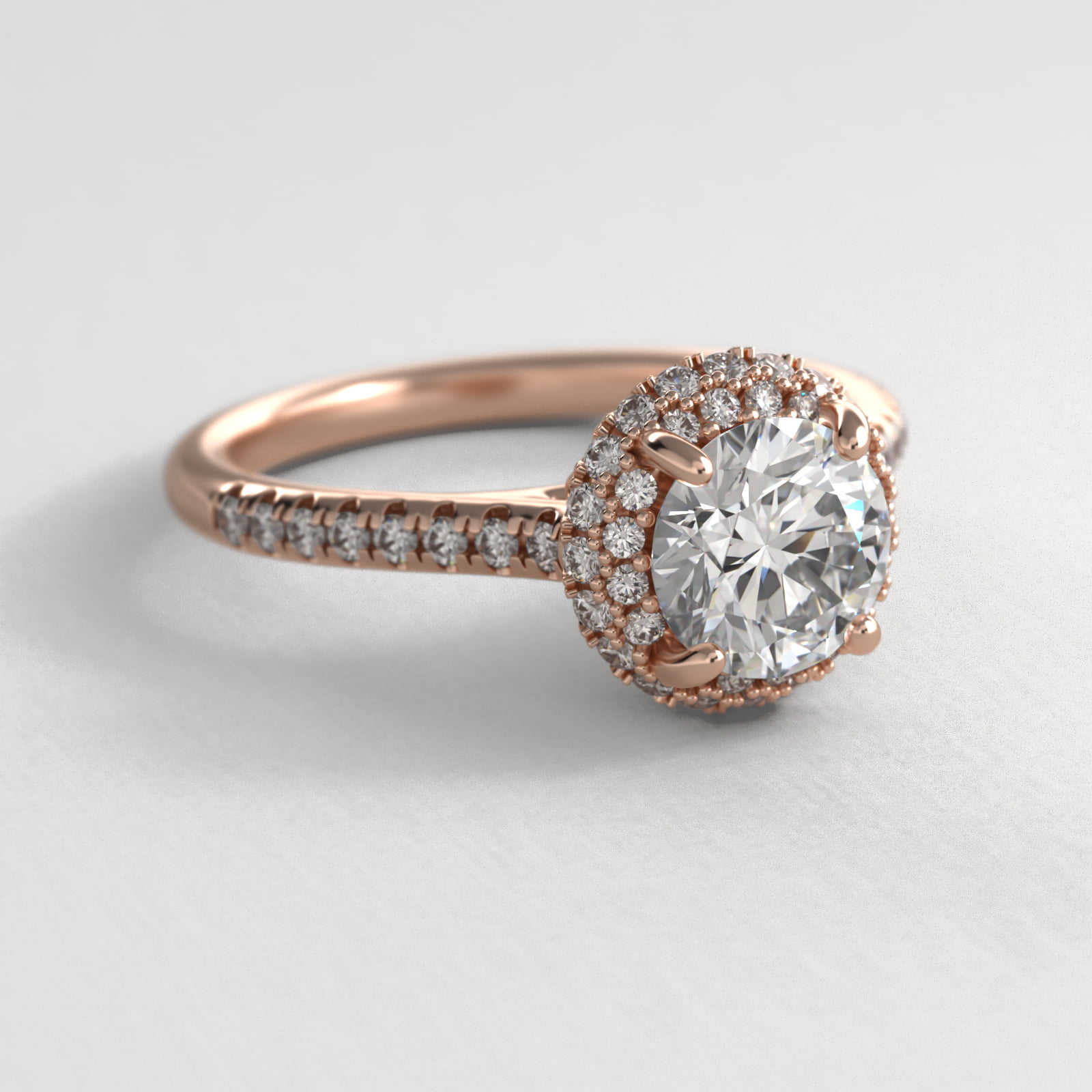 Falling Edge Pavé Diamond Halo Engagement Ring In 14K Rose Gold