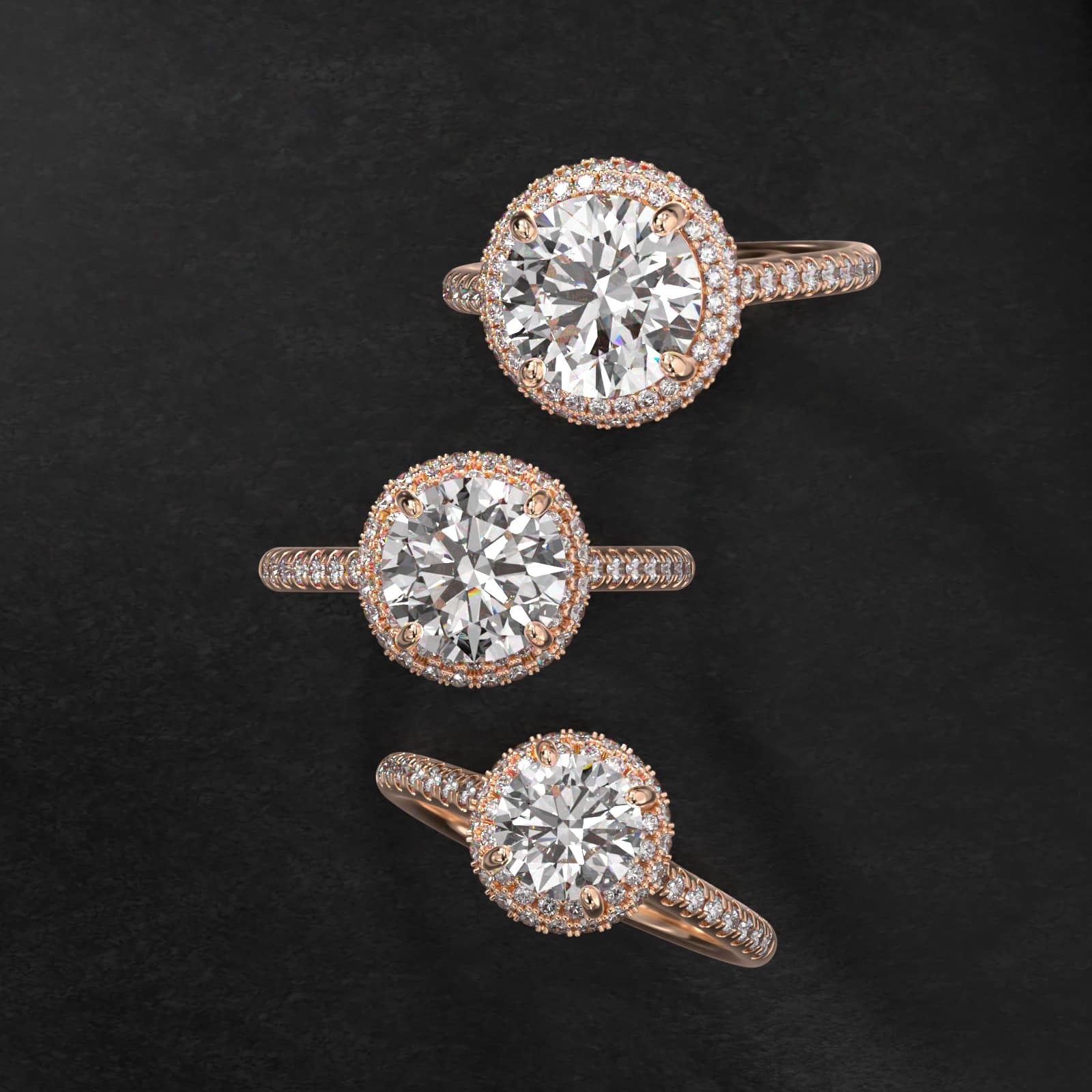 Falling Edge Pavé Diamond Halo Engagement Ring In 14K Rose Gold
