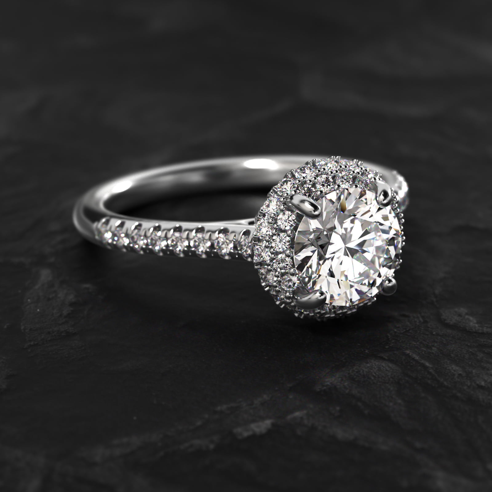 Falling Edge Pavé Diamond Halo Engagement Ring In 14K White Gold